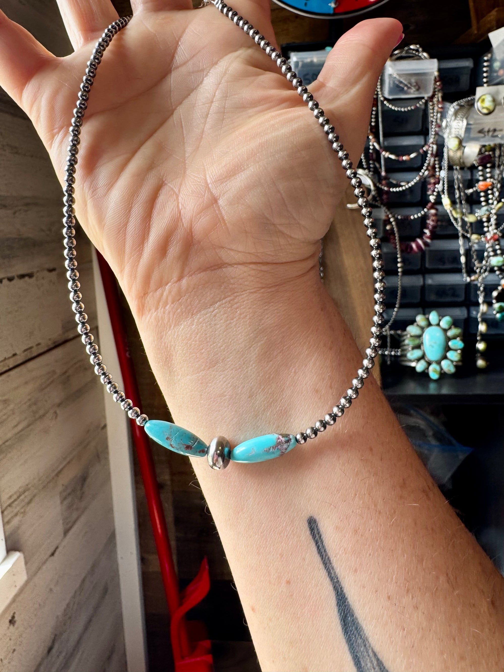 15-Inch Sterling Silver Pearl &amp; Blue Turquoise Torpedo Choker