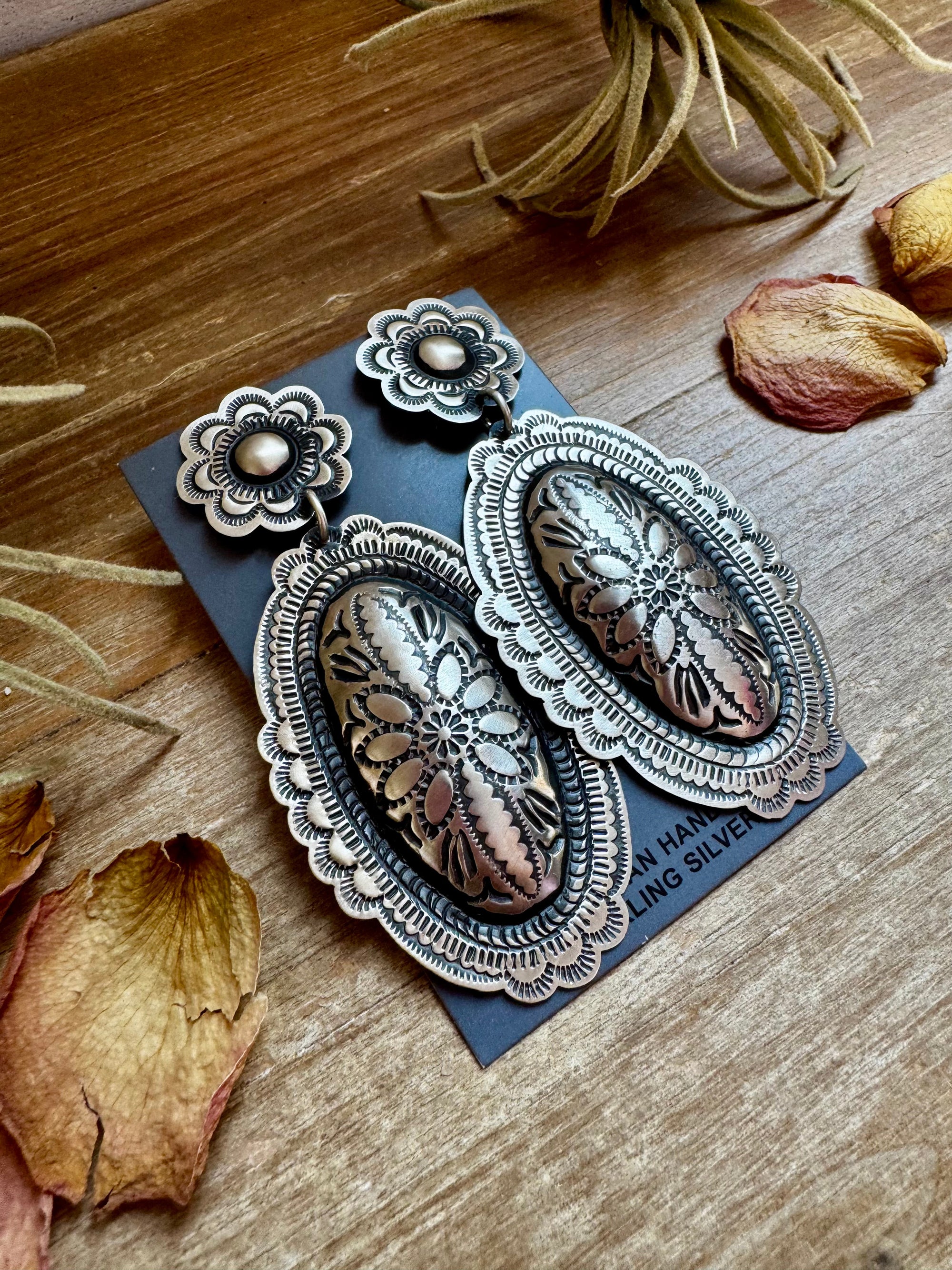 Leander Tahe Sterling Silver Earrings – Post &amp; Dangle Statement with Stamped Detail