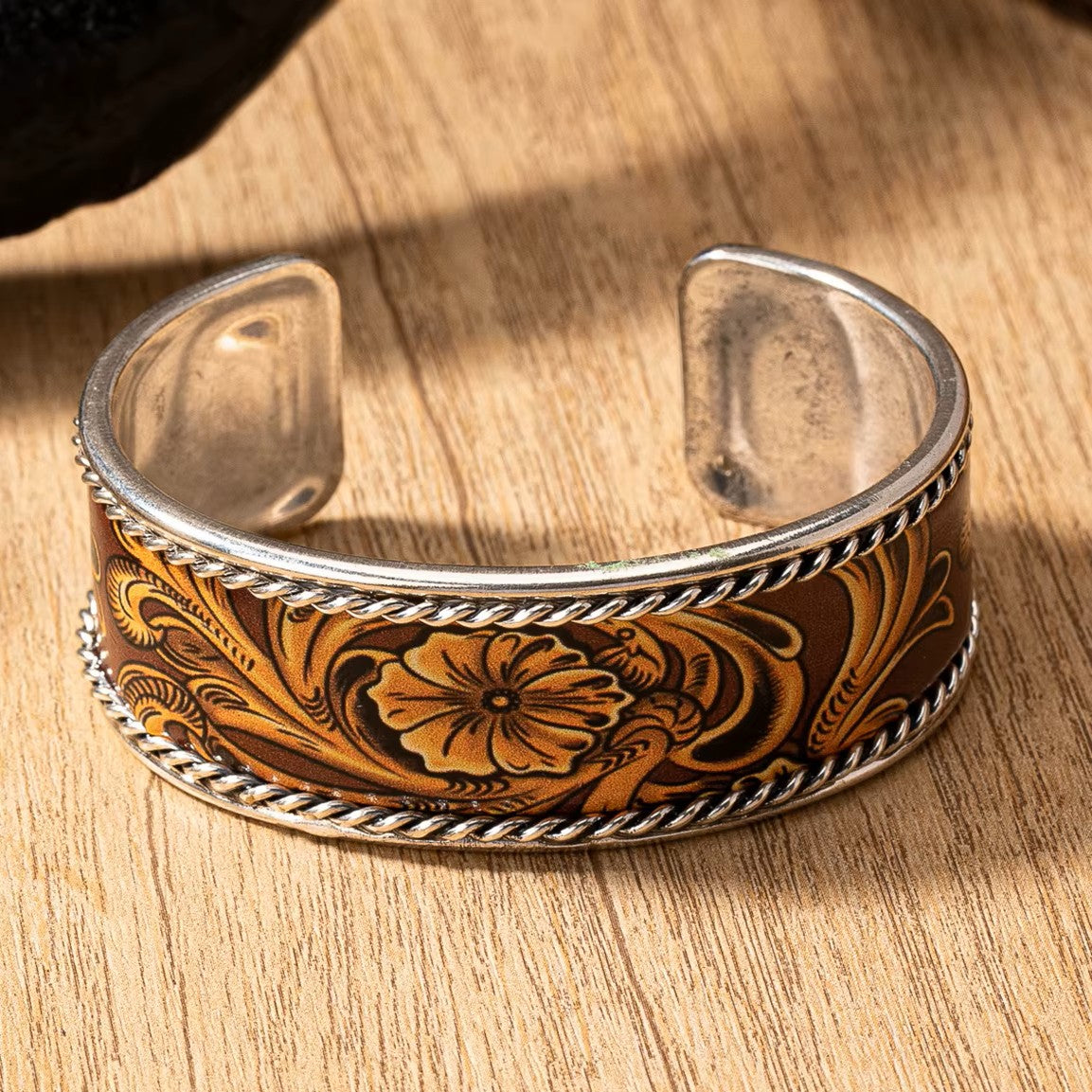 Wild West Silver Floral Fashion Cuff Bracelet - Two Toned