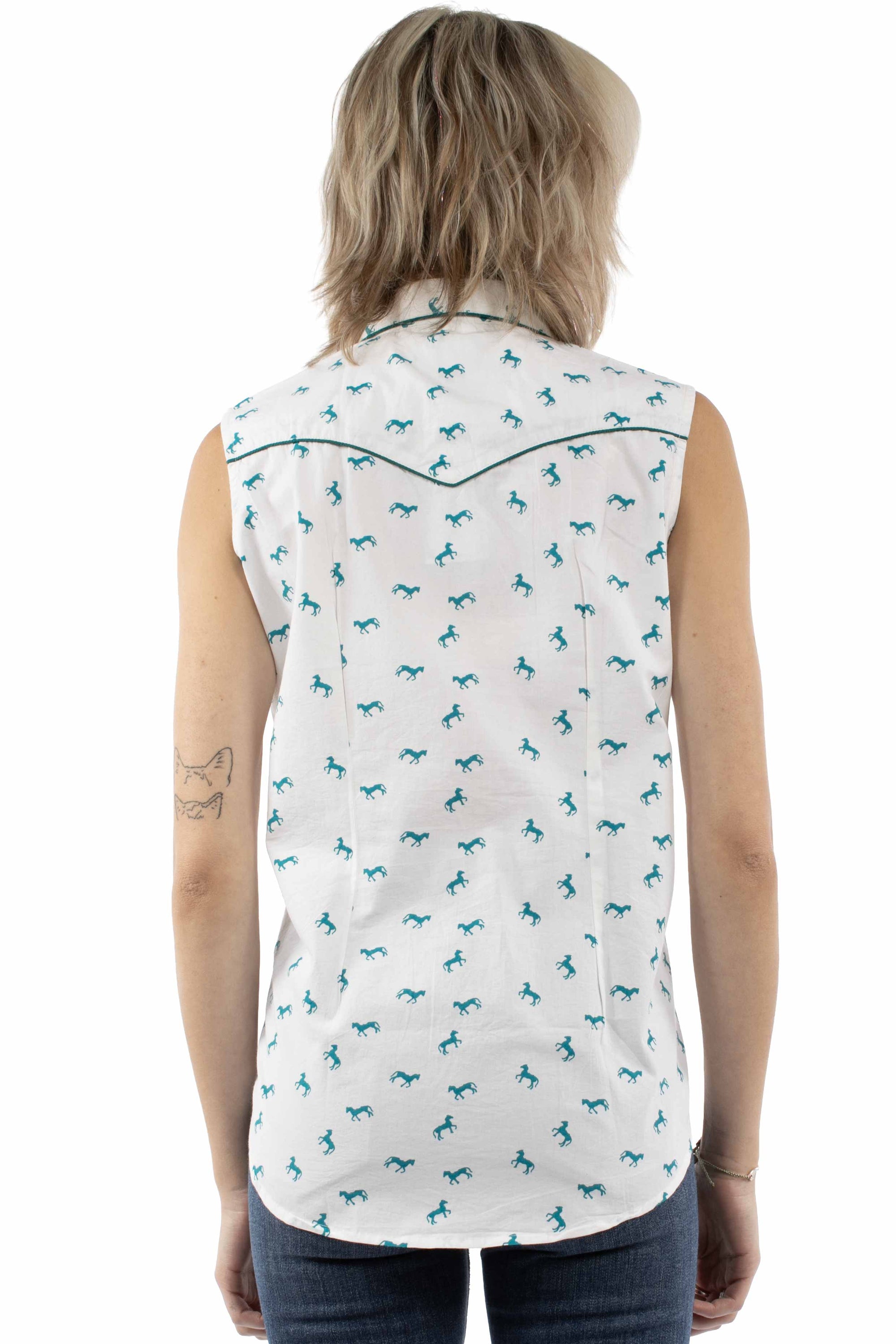 Teal Sleeveless Top With Horses Print In Naturally Breathable Cotton For Summertime