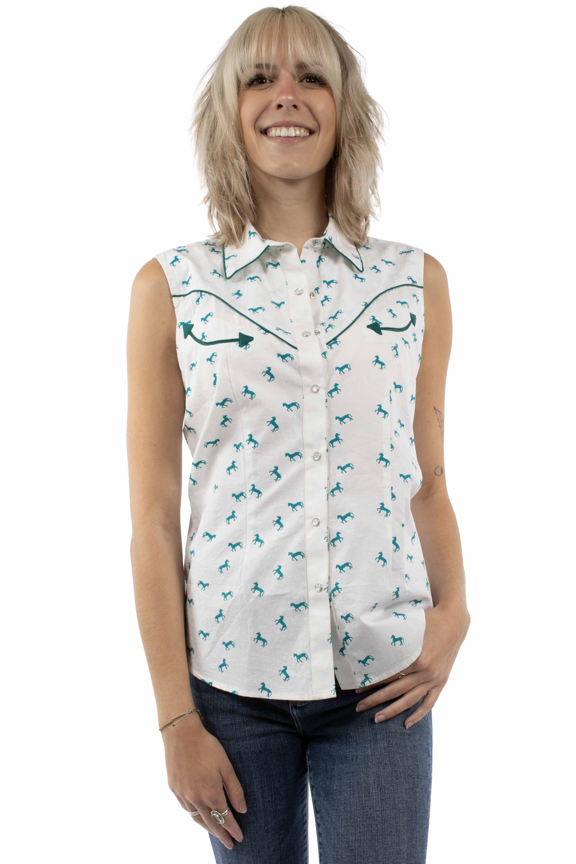 Teal Sleeveless Top With Horses Print In Naturally Breathable Cotton For Summertime