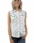 Teal Sleeveless Top With Horses Print In Naturally Breathable Cotton For Summertime