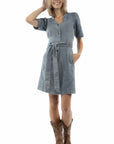 Emb. Button Front Belted Dress - HC1013