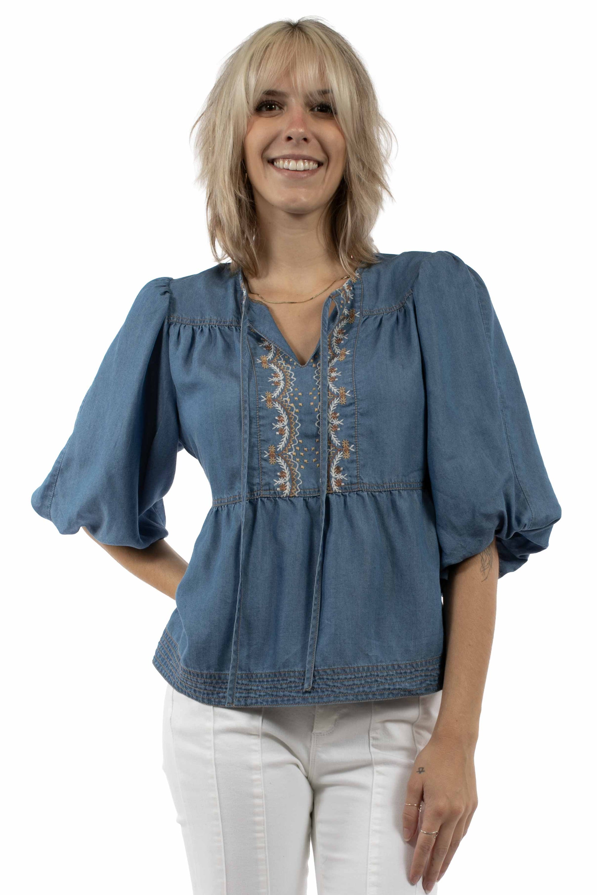 Embroidered Tie Front Blouse - HC1014