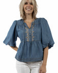 Embroidered Tie Front Blouse - HC1014