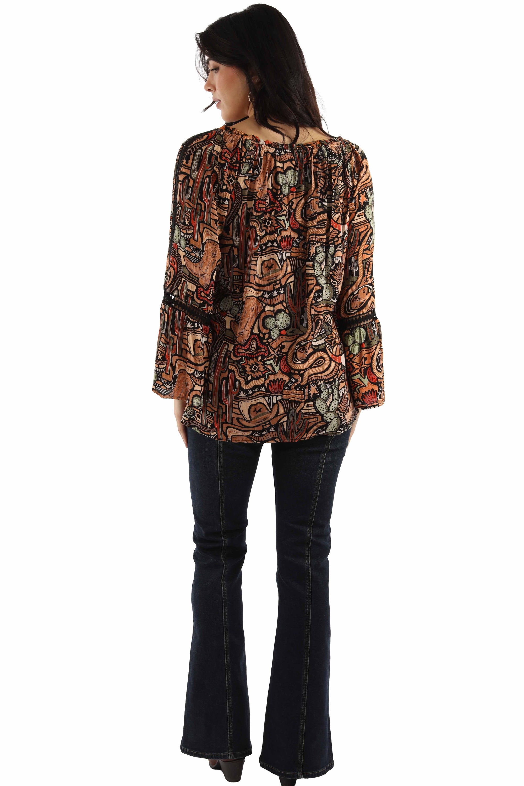 Multifunctional Rayon Western Print Blouse With Tie Front Two Way Peekaboo Sleeves