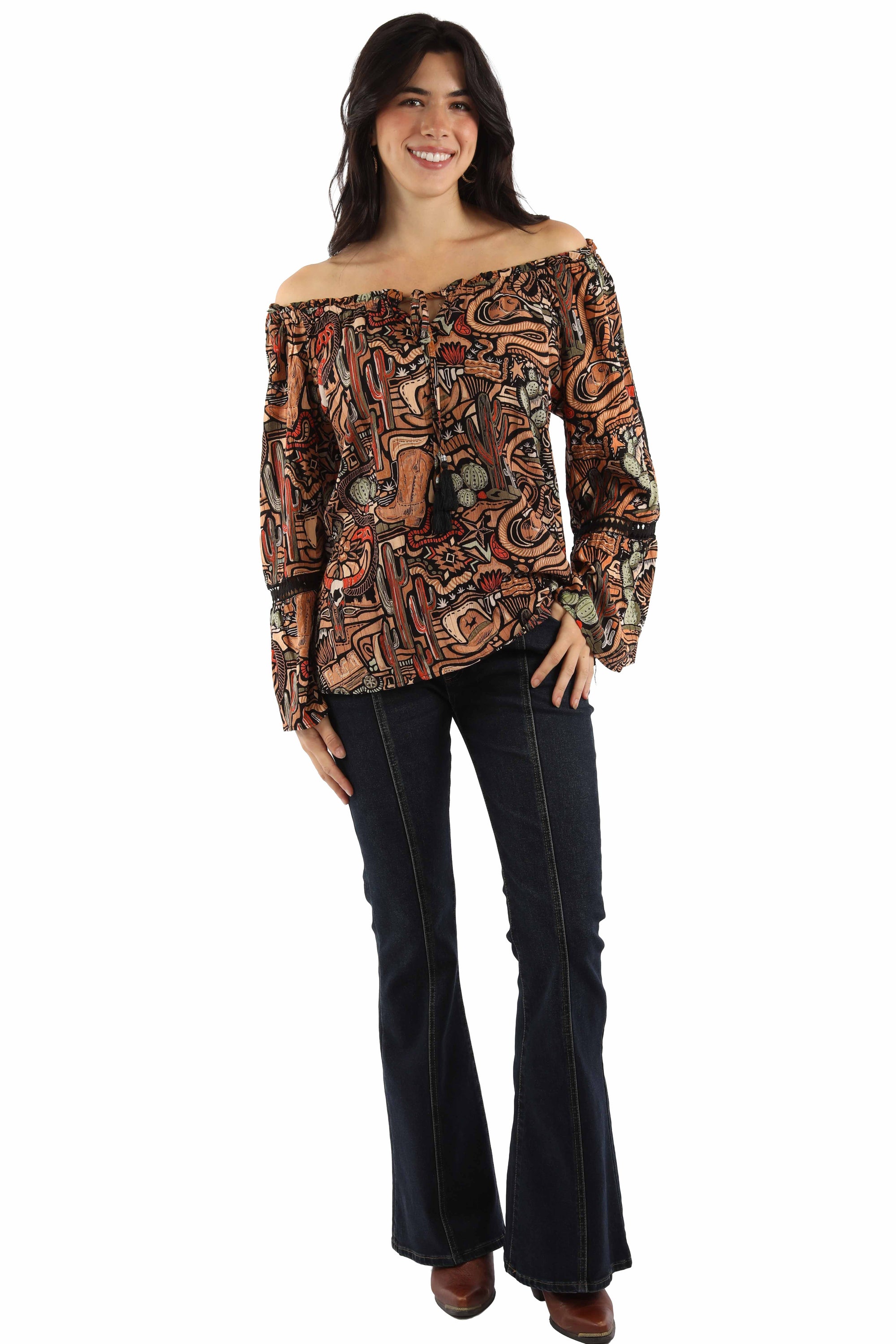 Multifunctional Rayon Western Print Blouse With Tie Front Two Way Peekaboo Sleeves