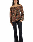 Multifunctional Rayon Western Print Blouse With Tie Front Two Way Peekaboo Sleeves