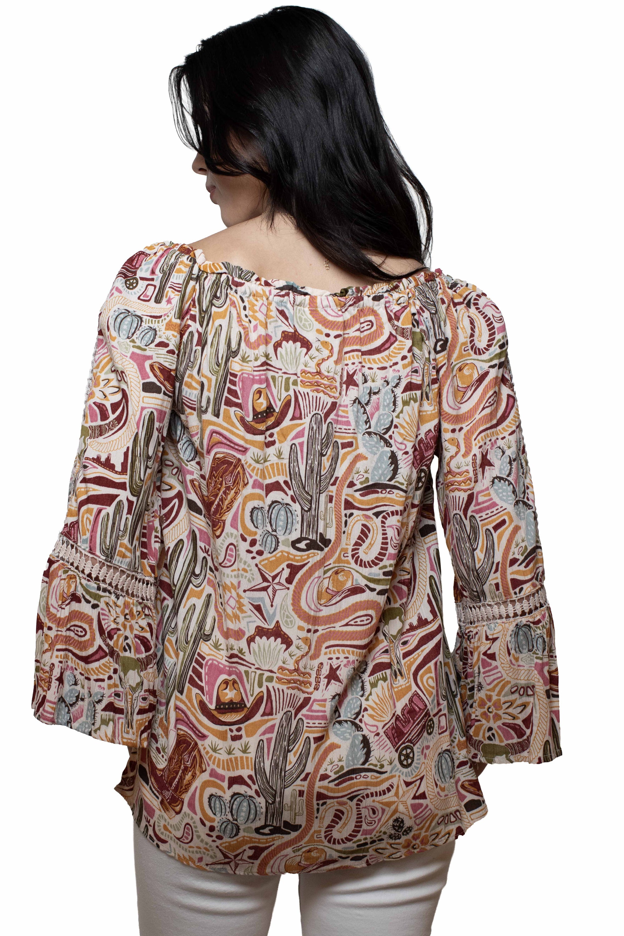 Multifunctional Rayon Western Print Blouse With Tie Front Two Way Peekaboo Sleeves