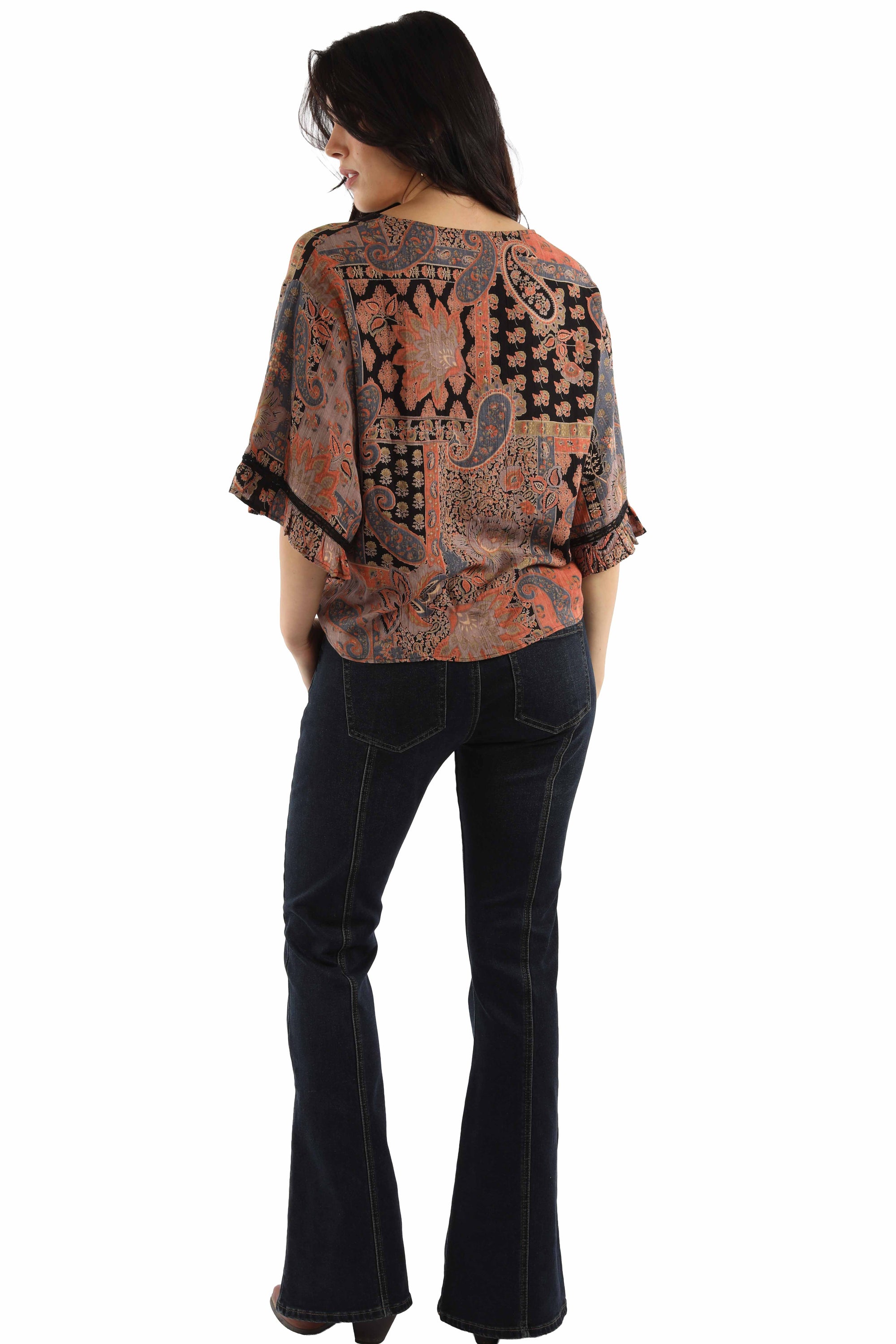 Rayon Paisley Print Tie Front Blouse - HC1042