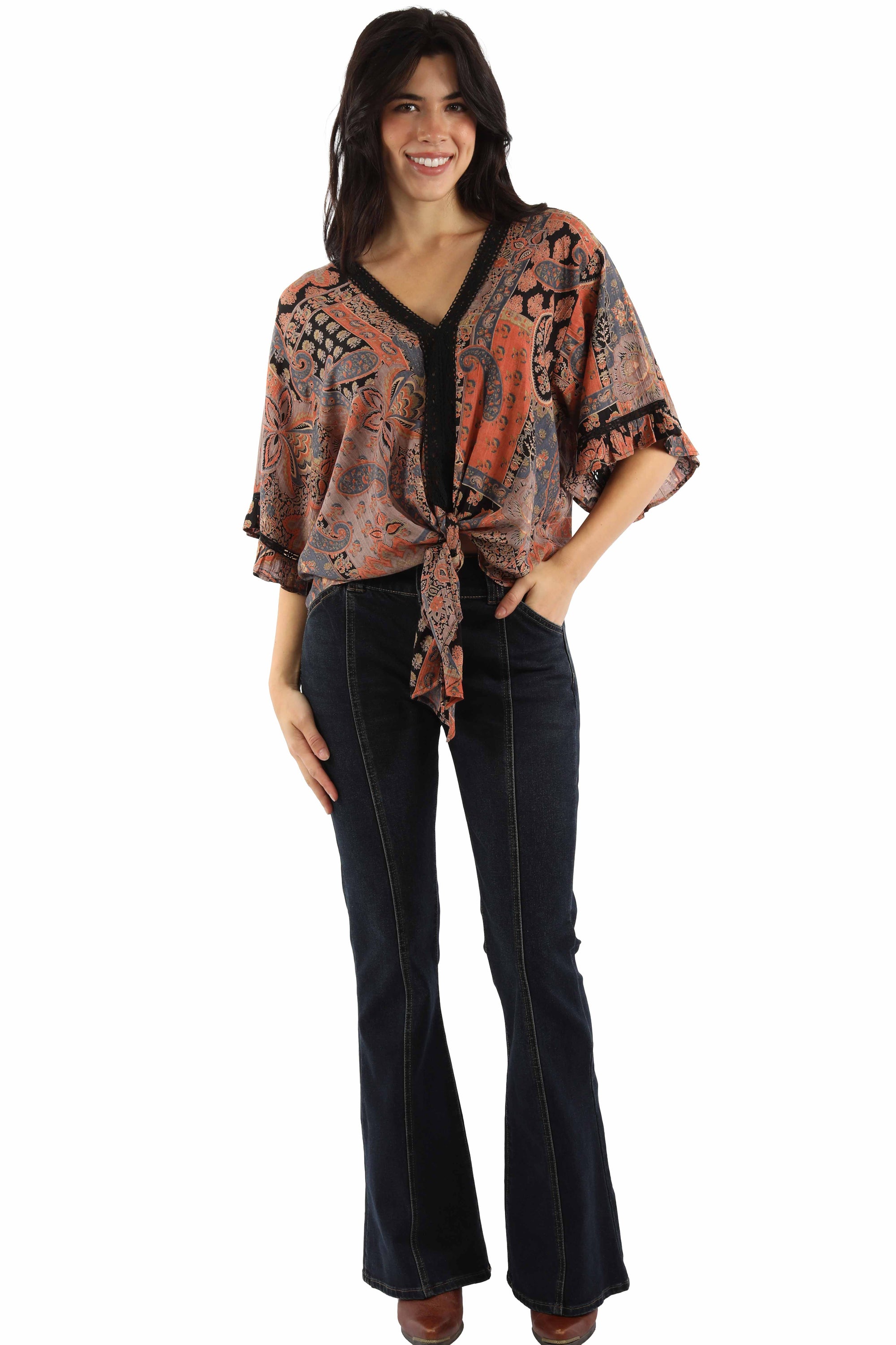 Rayon Paisley Print Tie Front Blouse - HC1042