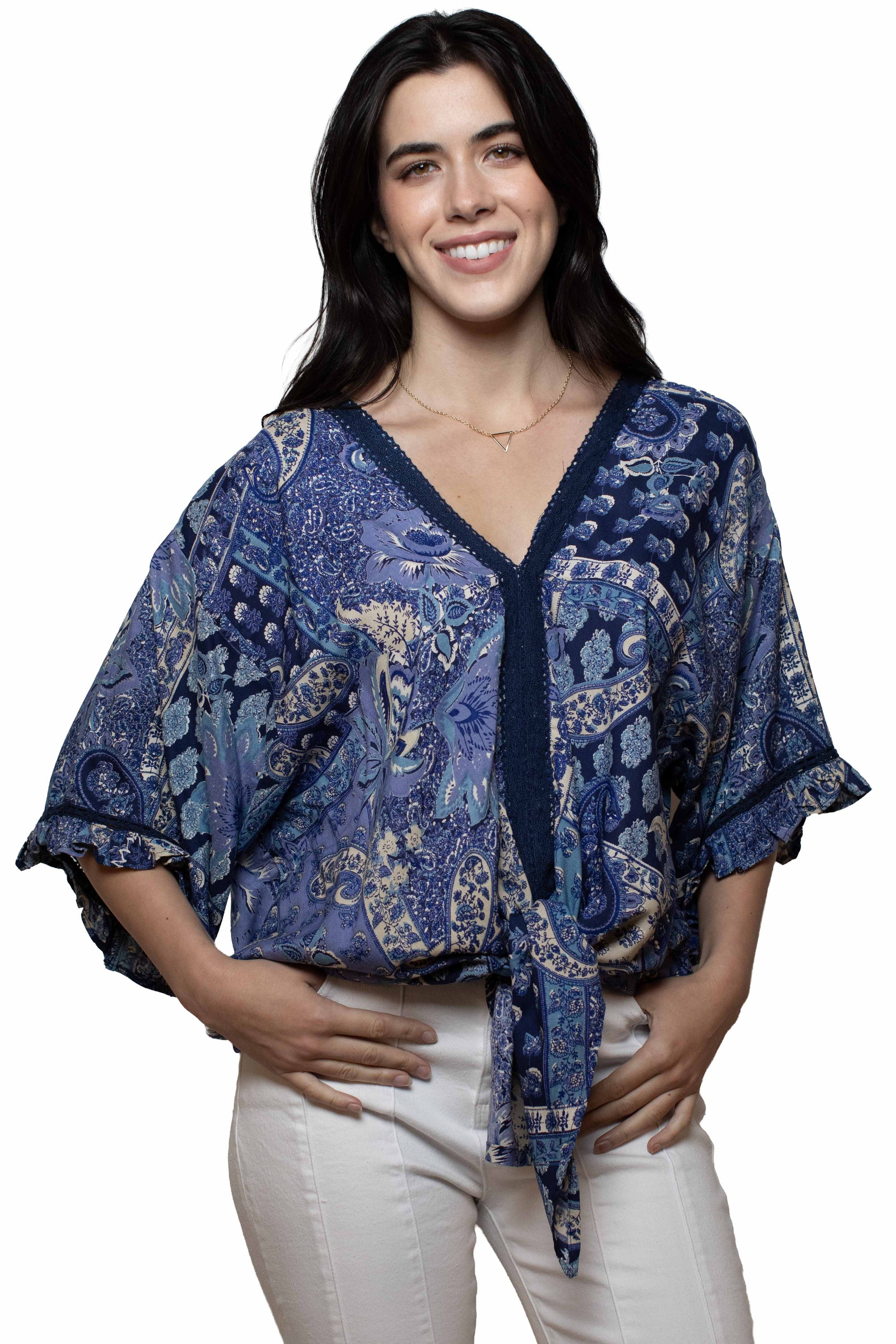 Rayon Paisley Print Tie Front Blouse - HC1042