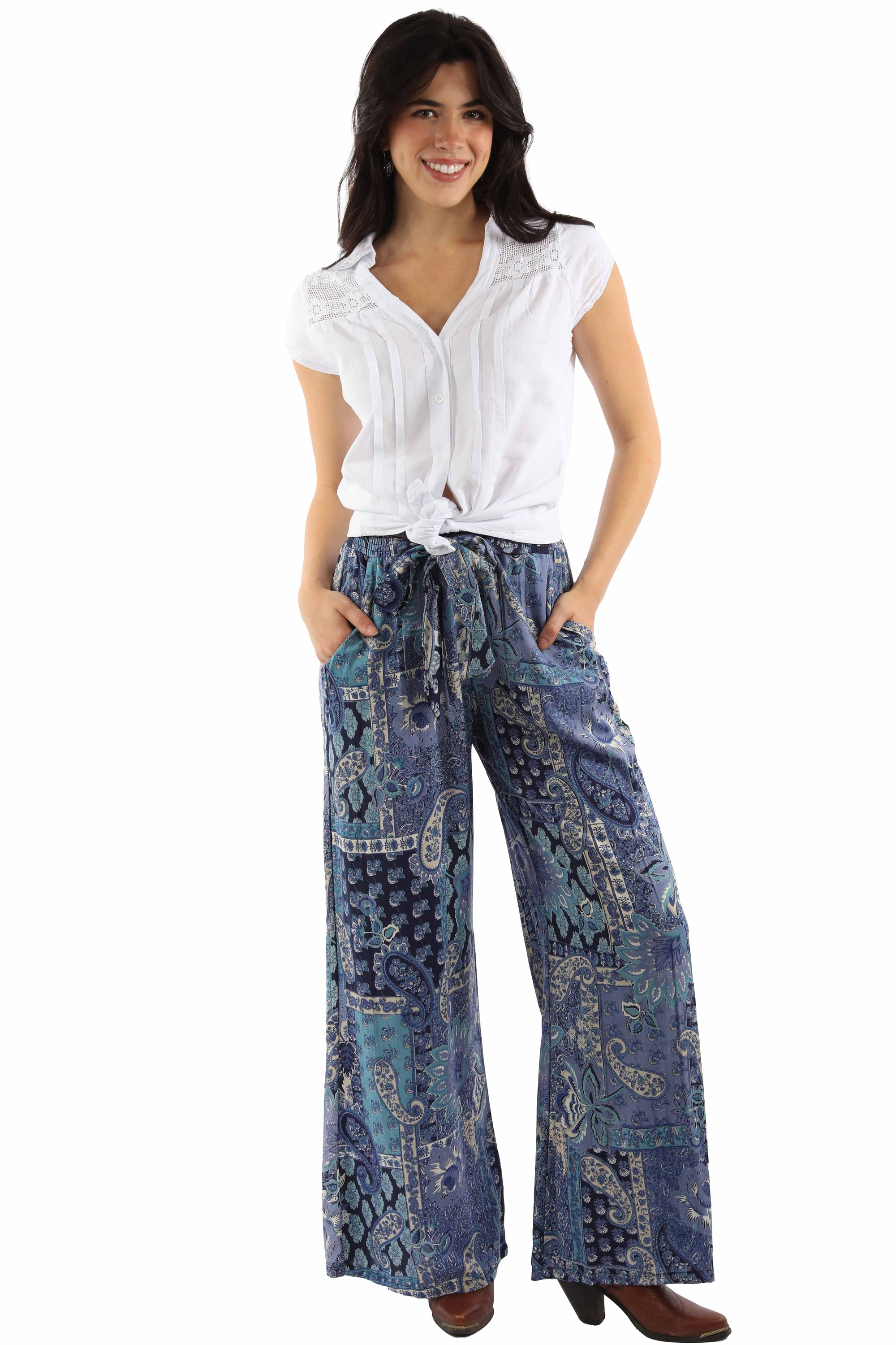 Tie Front Palazzo Pants Made From Rayon With Paisley Floral Print
