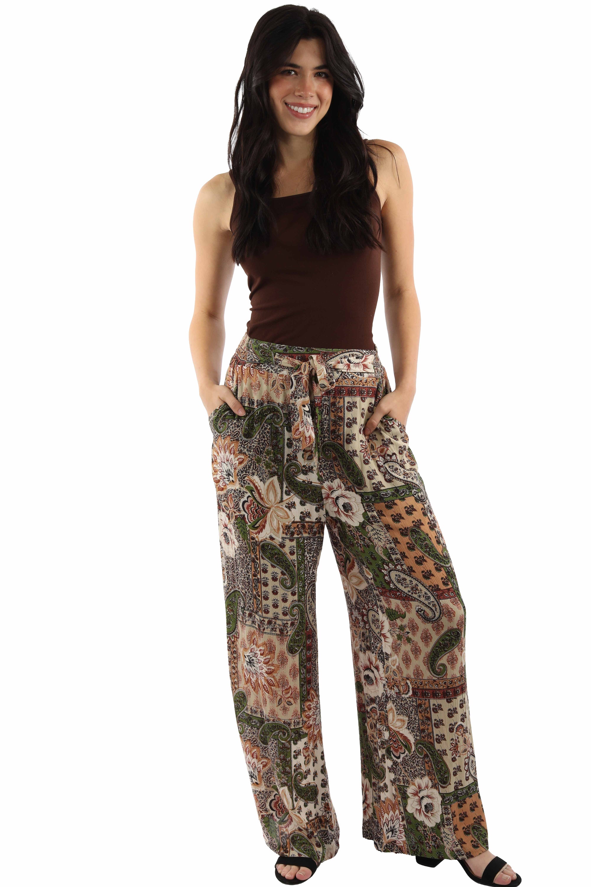 Tie Front Palazzo Pants Made From Rayon With Paisley Floral Print