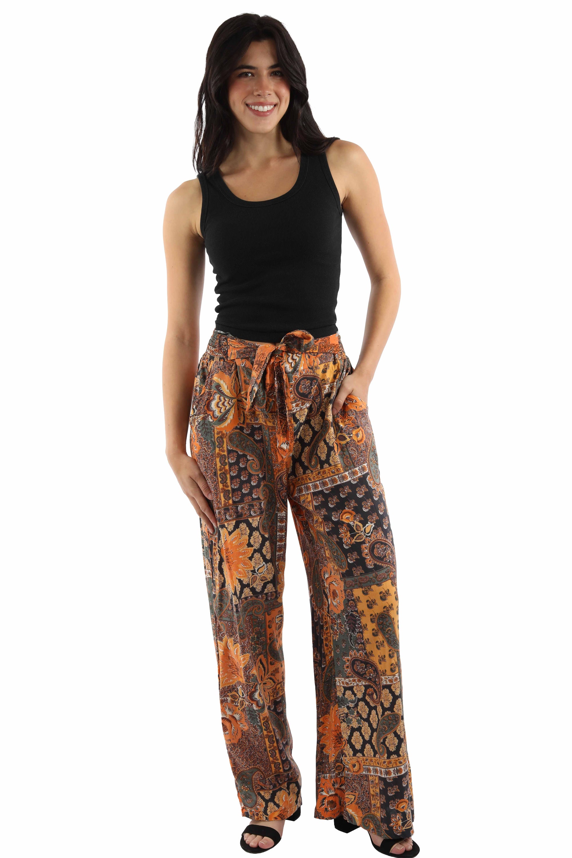 Tie Front Palazzo Pants Made From Rayon With Paisley Floral Print