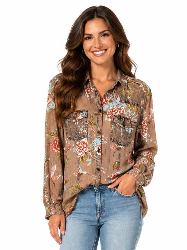 Floral Print Blouse W/lace Up Back - HC1059
