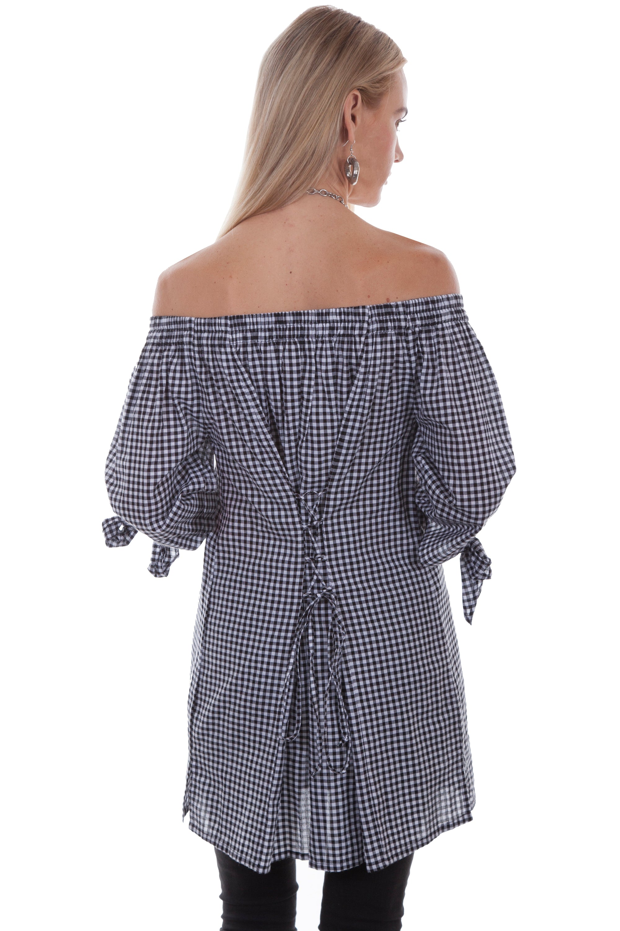 Gingham Blouse W/corset Tie Back - HC351