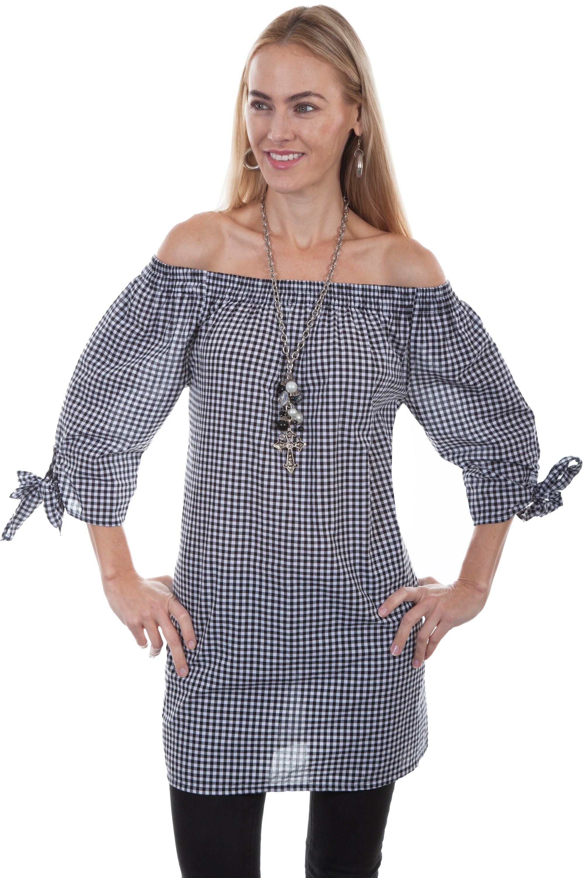 Gingham Blouse W/corset Tie Back - HC351