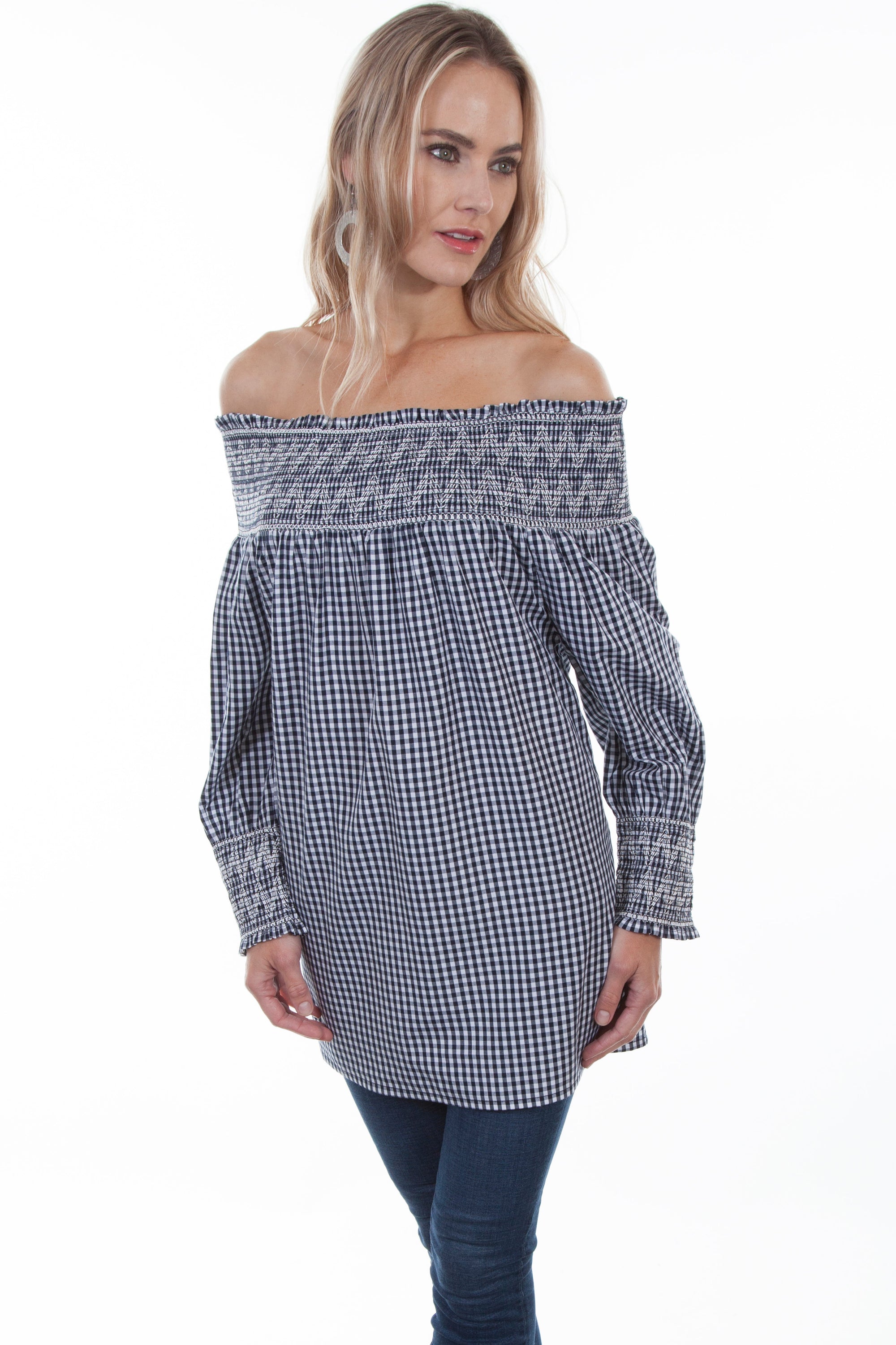 Gingham Check Off Shoulder Blouse - HC353
