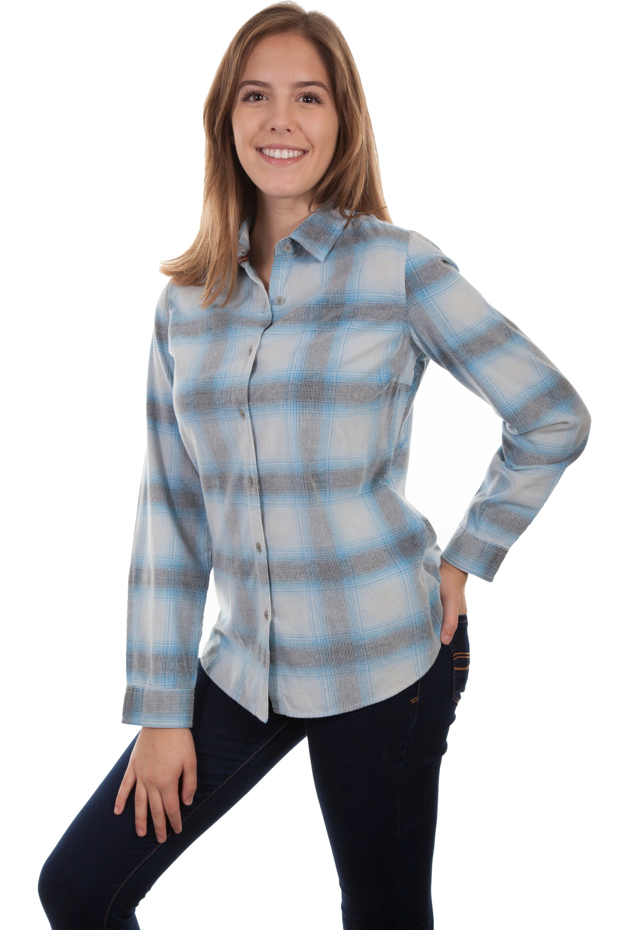 Ladies Corduroy Plaid Blouse - HC443