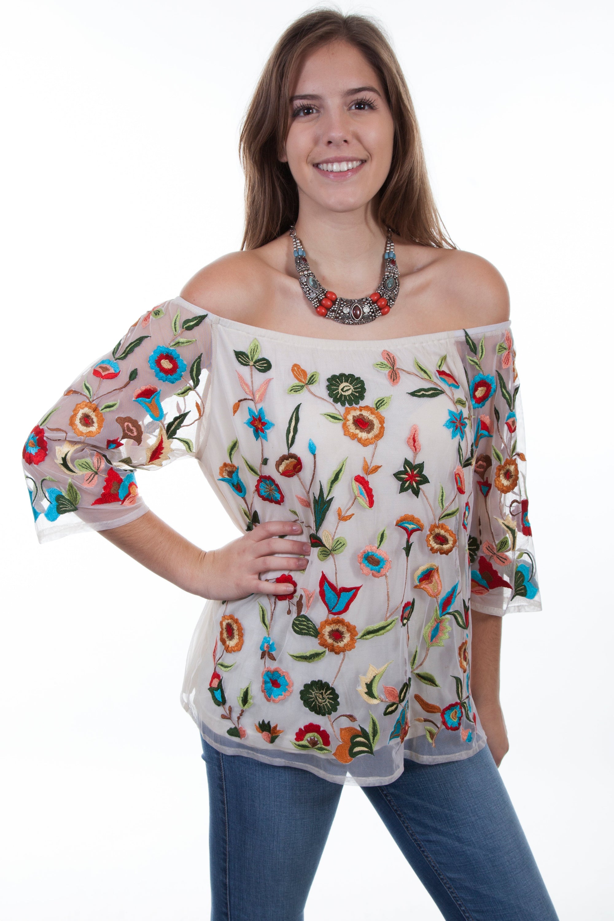 Floral Emb. Mesh Blouse Lined - HC447