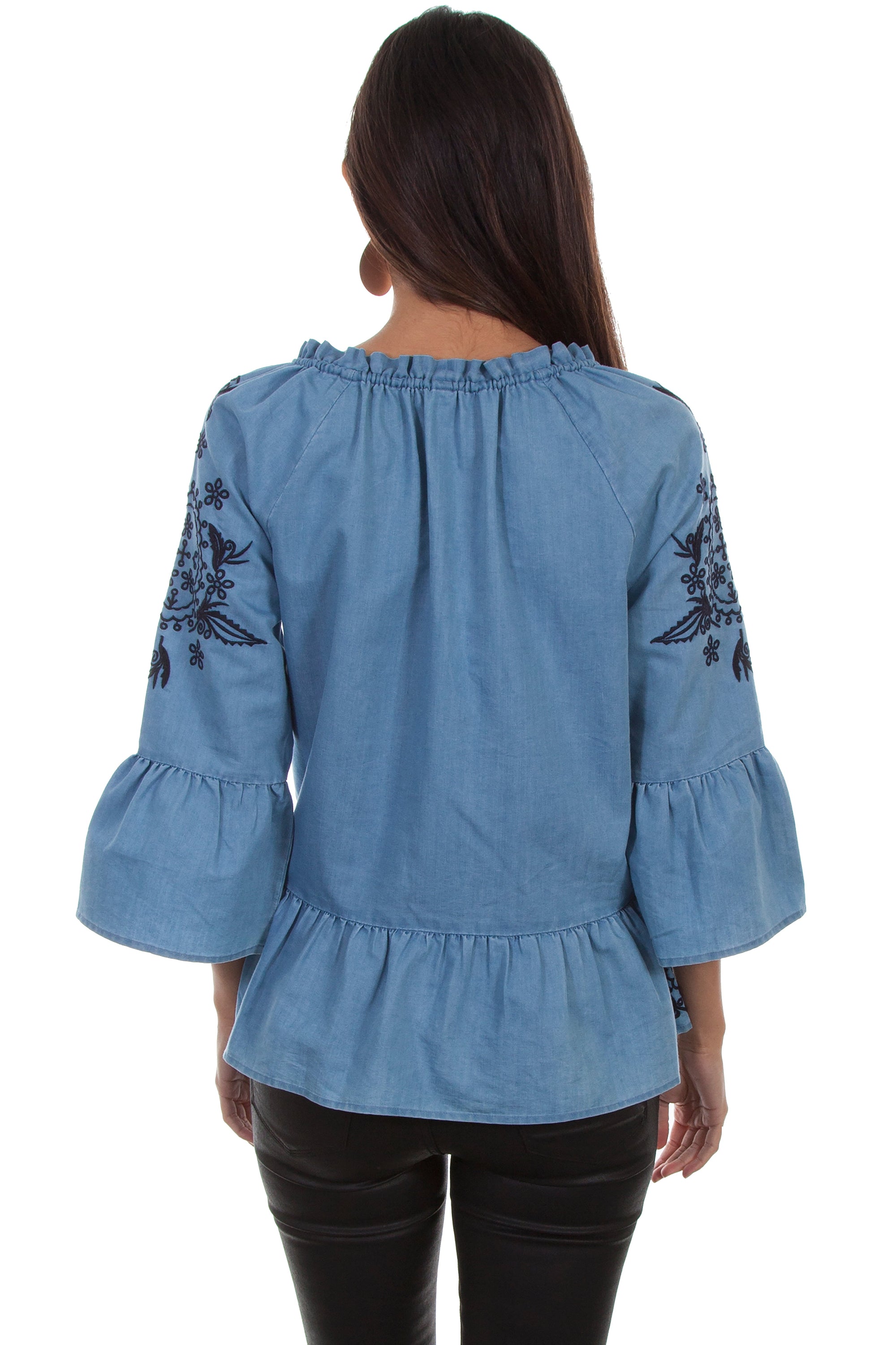 Peplum Blouse W/tonal Emb &amp; Tie Neck - HC467