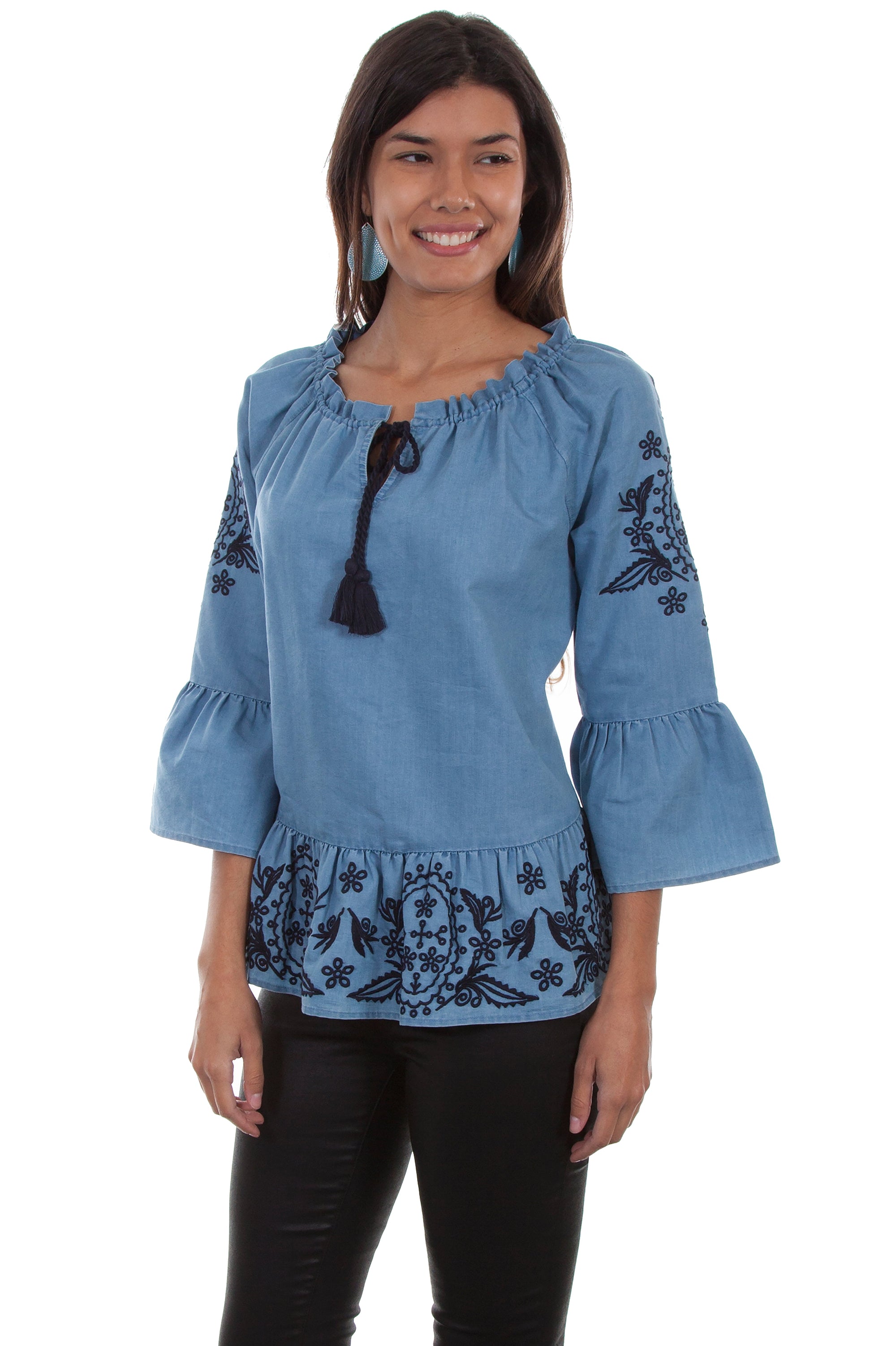 Peplum Blouse W/tonal Emb &amp; Tie Neck - HC467