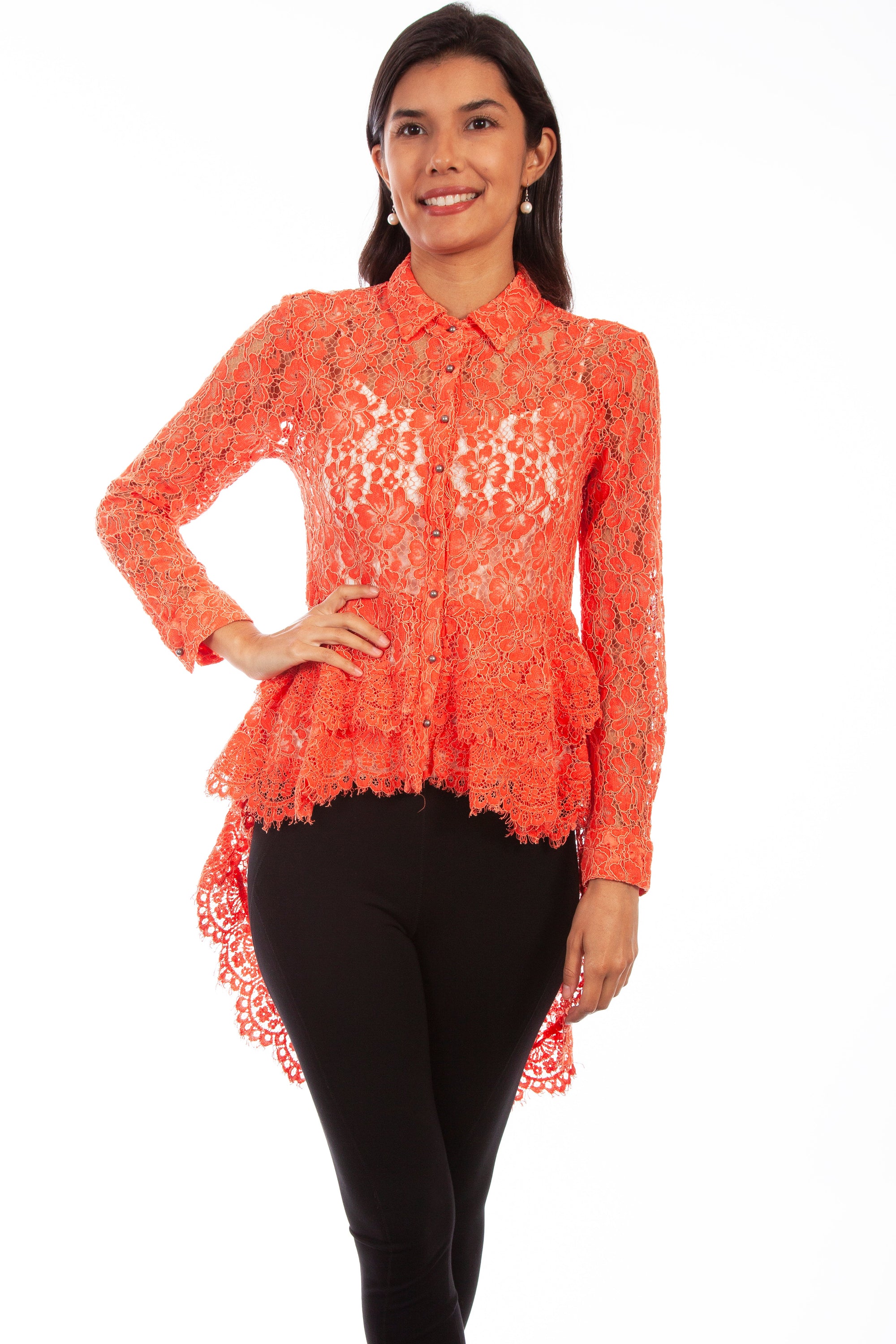 Lace Button Up Double Ruffle Blouse - HC479