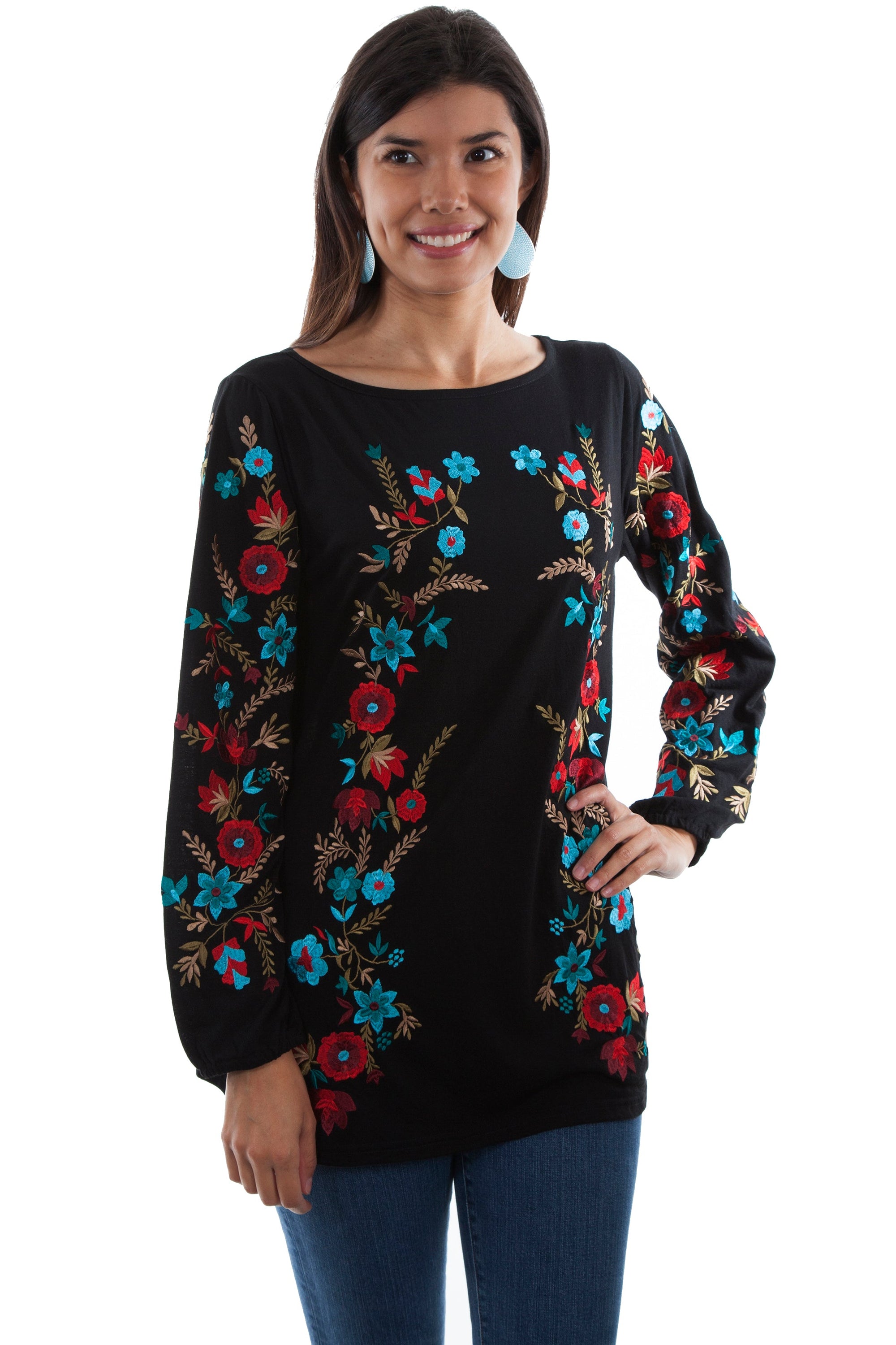 Tunic W/floral Emb Shirt Tail Hem - HC498