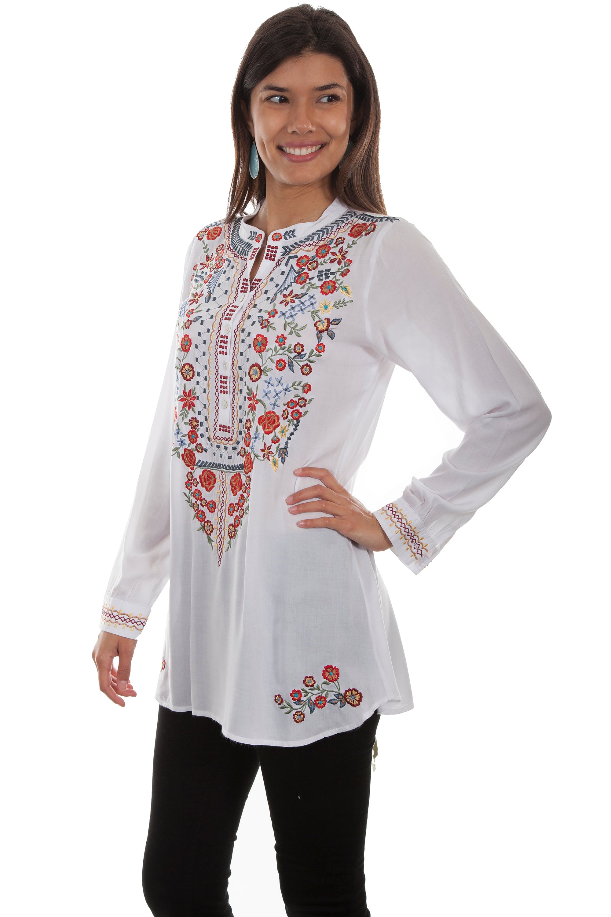 L/s Blouse W/button Up Bib And Emb. - HC510