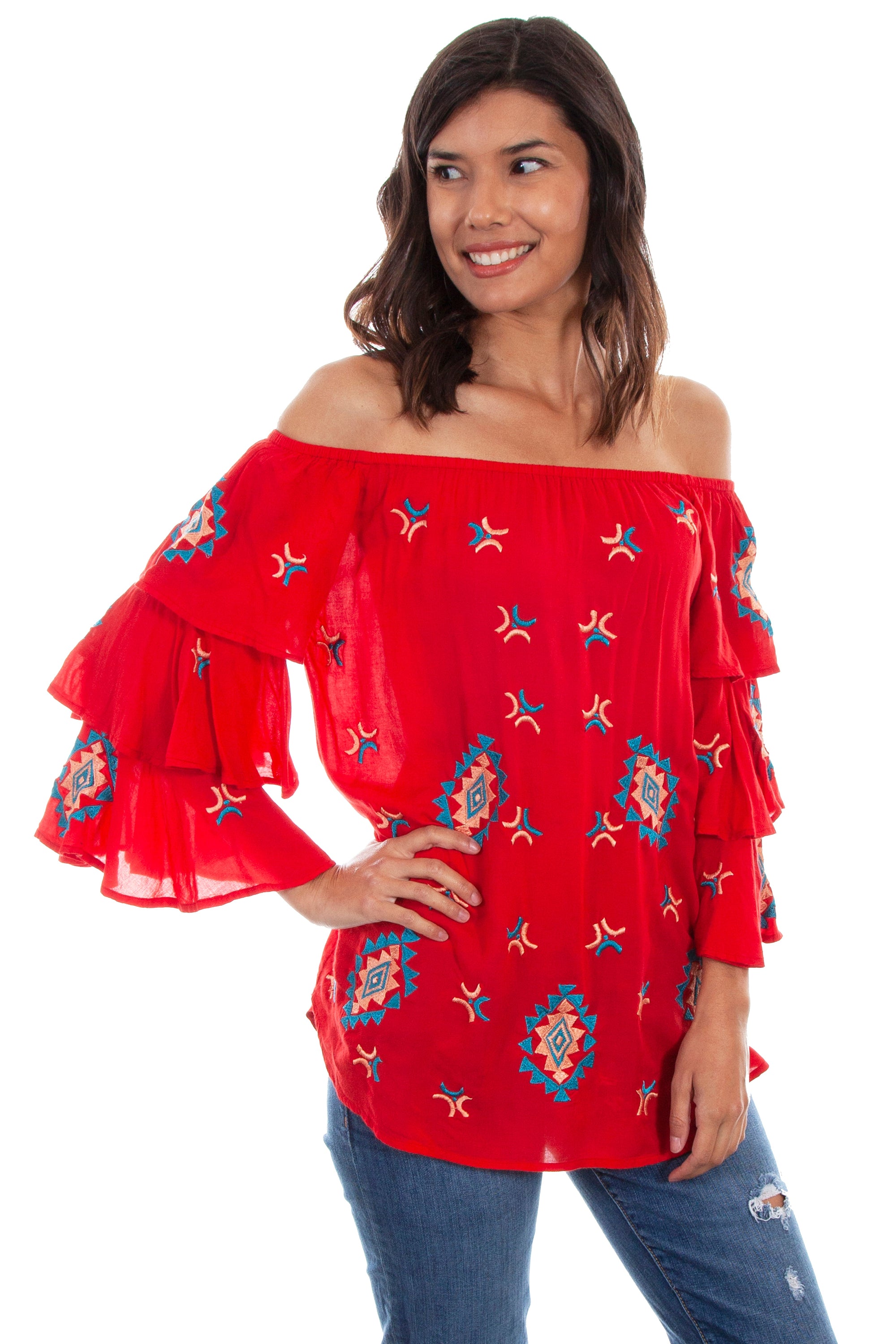 Emb. Tunic W/triple Ruffle Sleeves - HC572