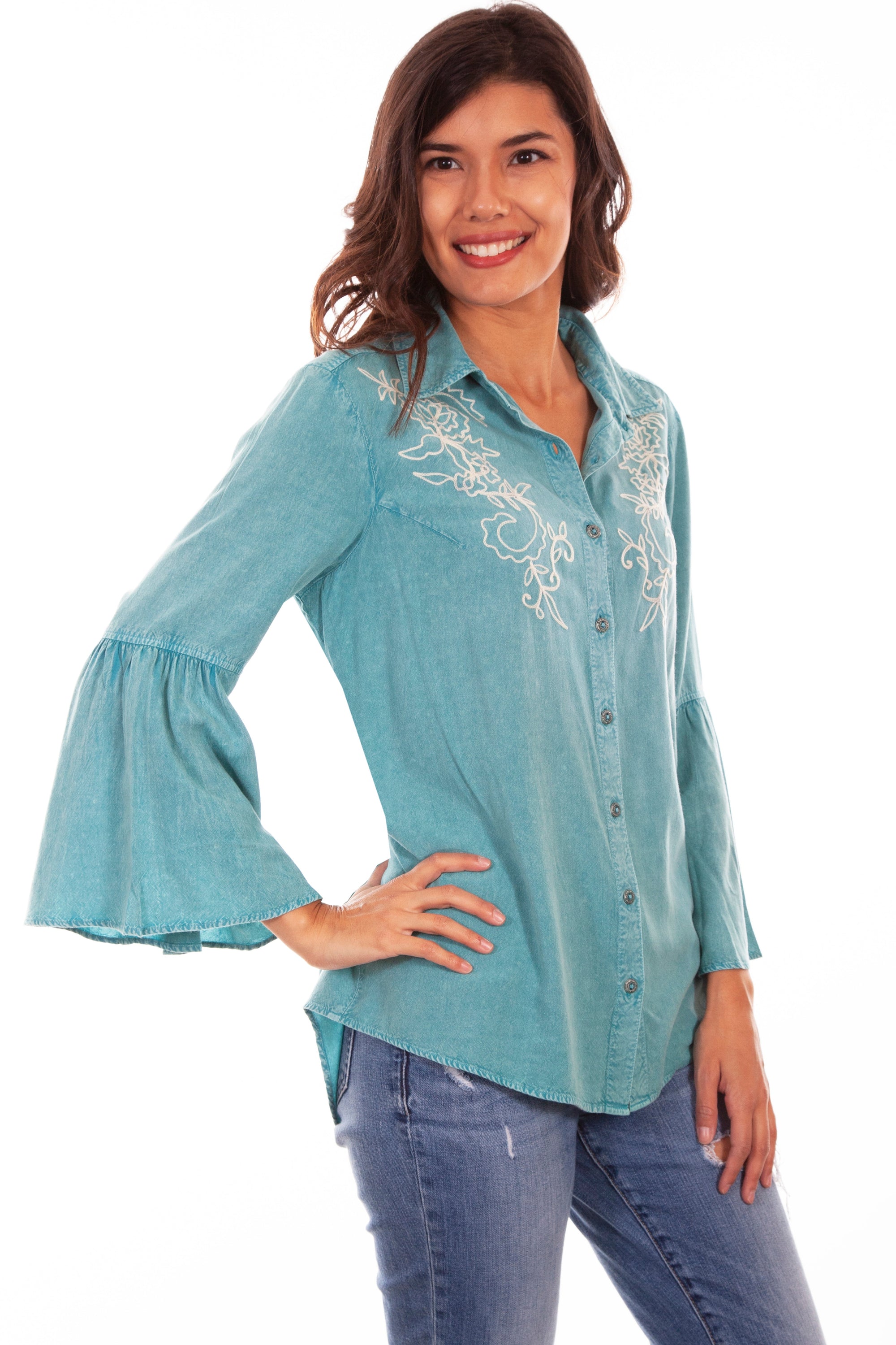 Bell Sleeve Blouse W/ivory Emb - HC586