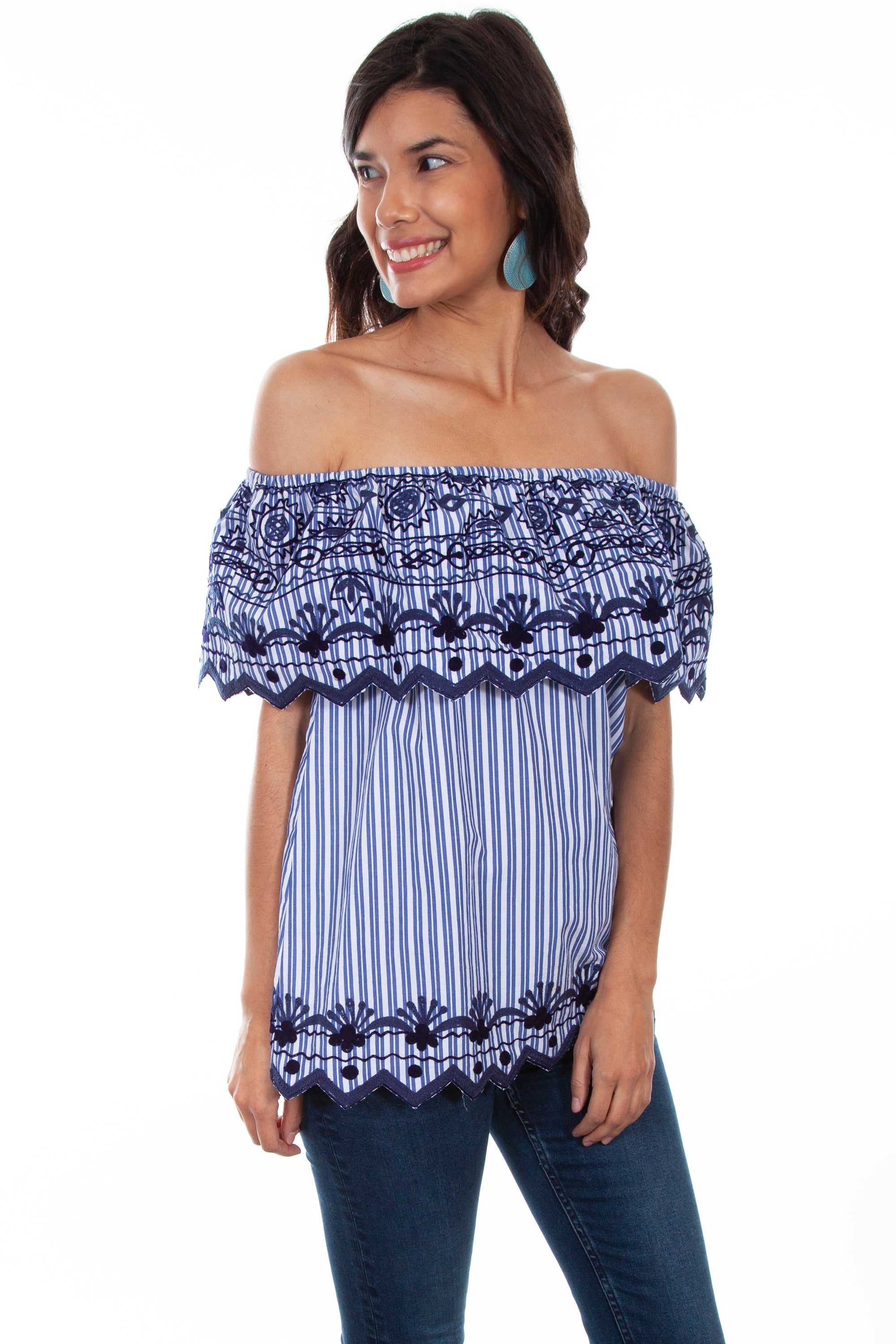 Stripe/emb Ruffle Blouse - HC602