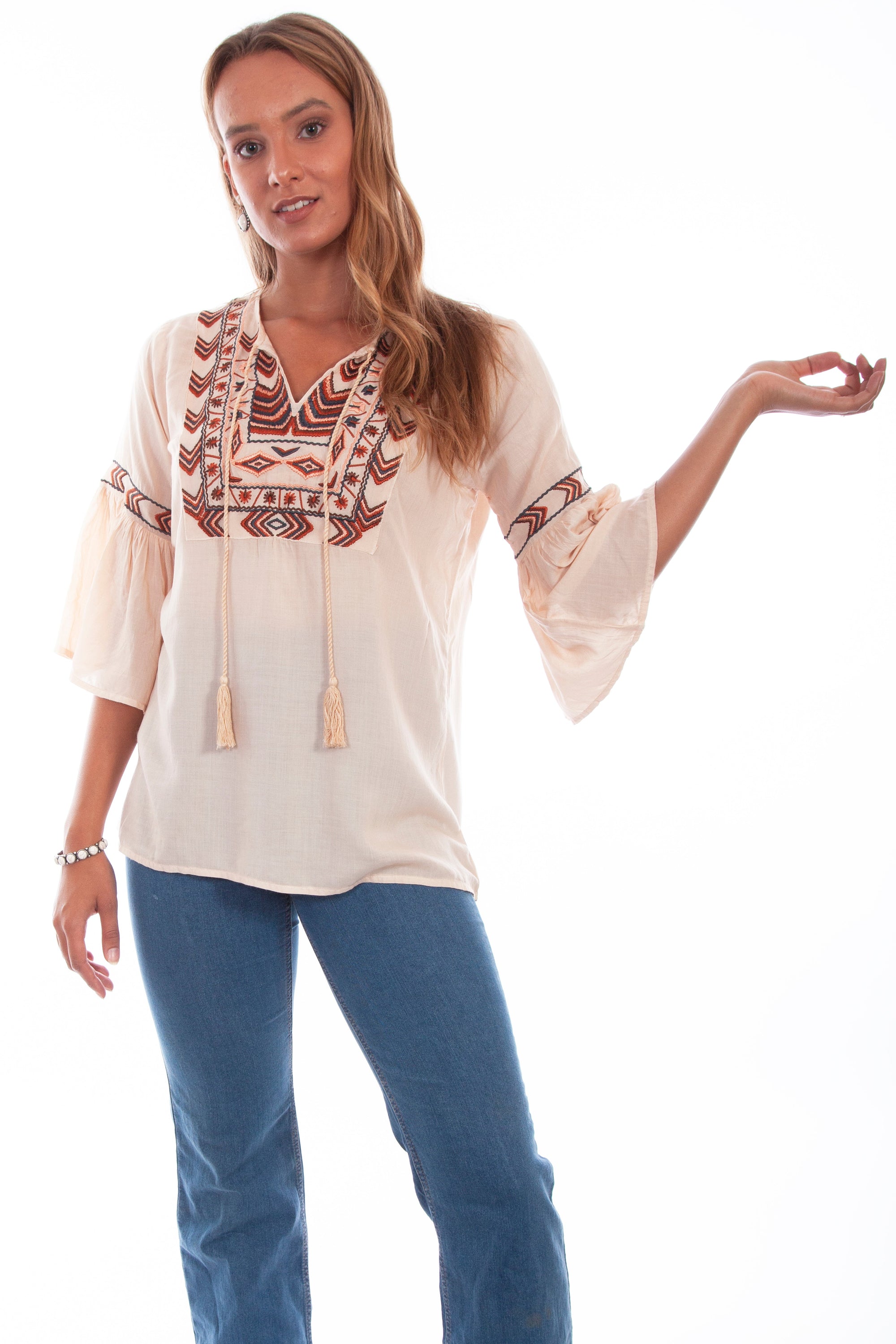 Emb. Bodice Tie Front Blouse - HC624