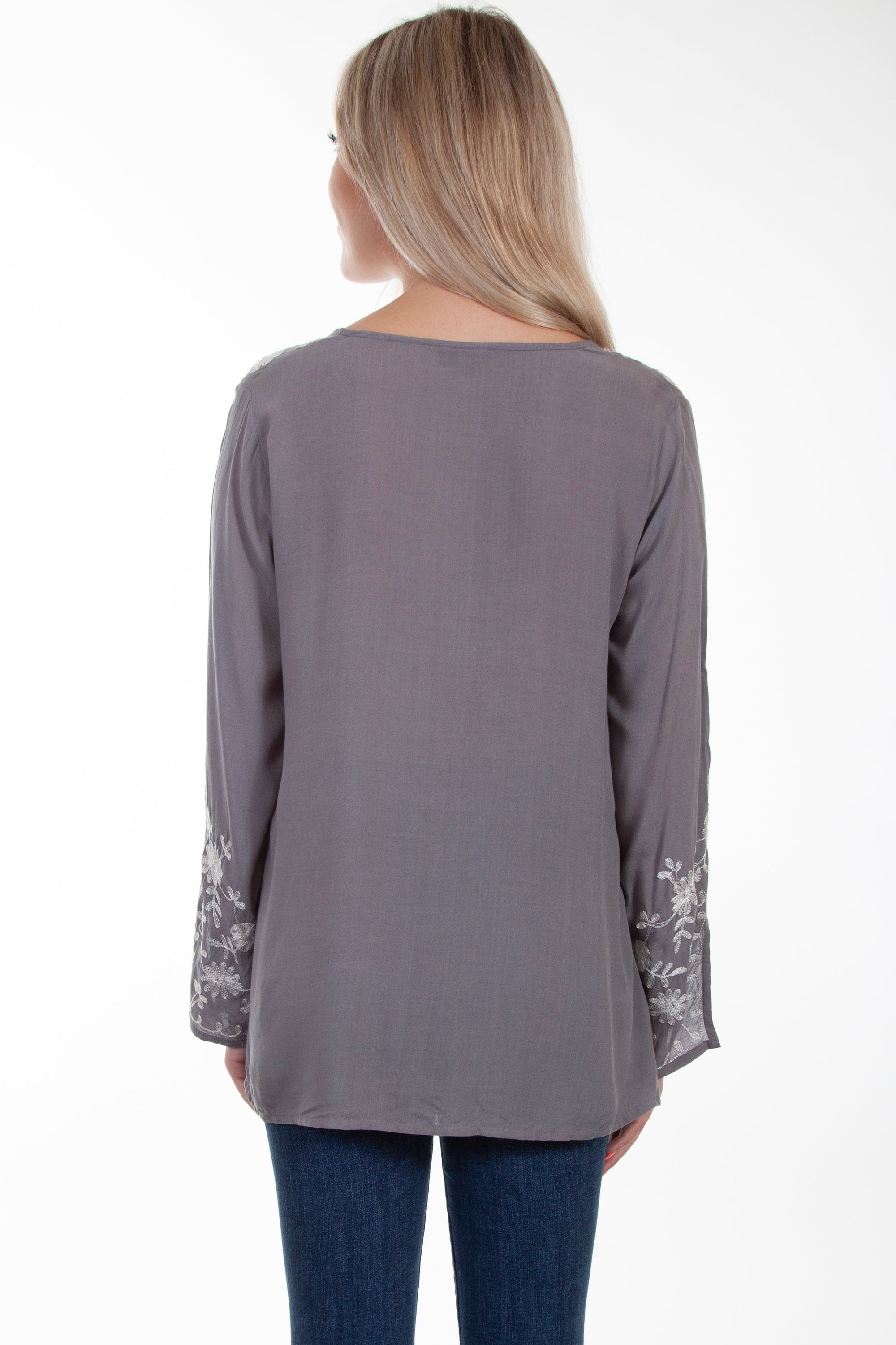 Emb Front/sleeves Tie Front Blouse - HC625