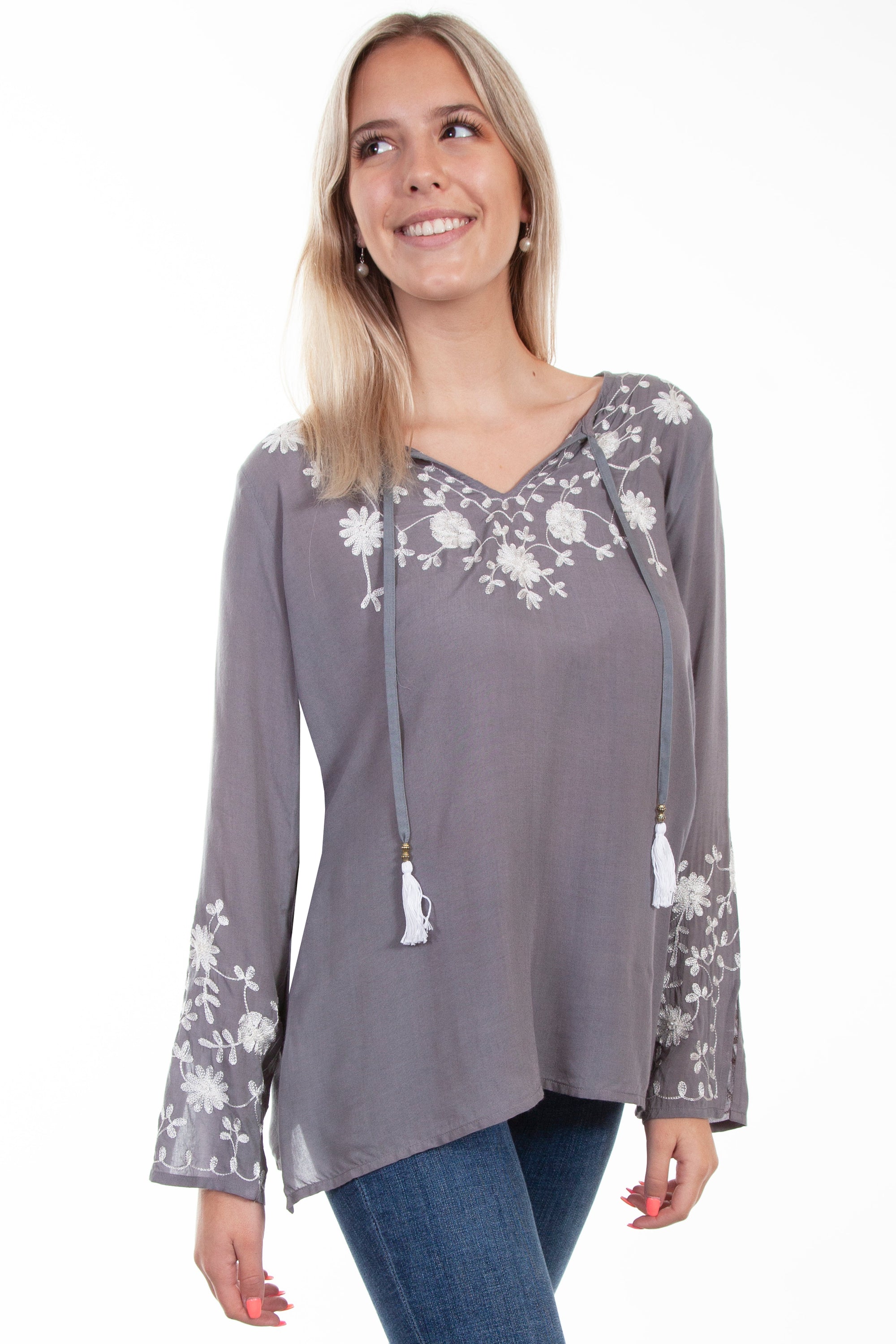 Emb Front/sleeves Tie Front Blouse - HC625