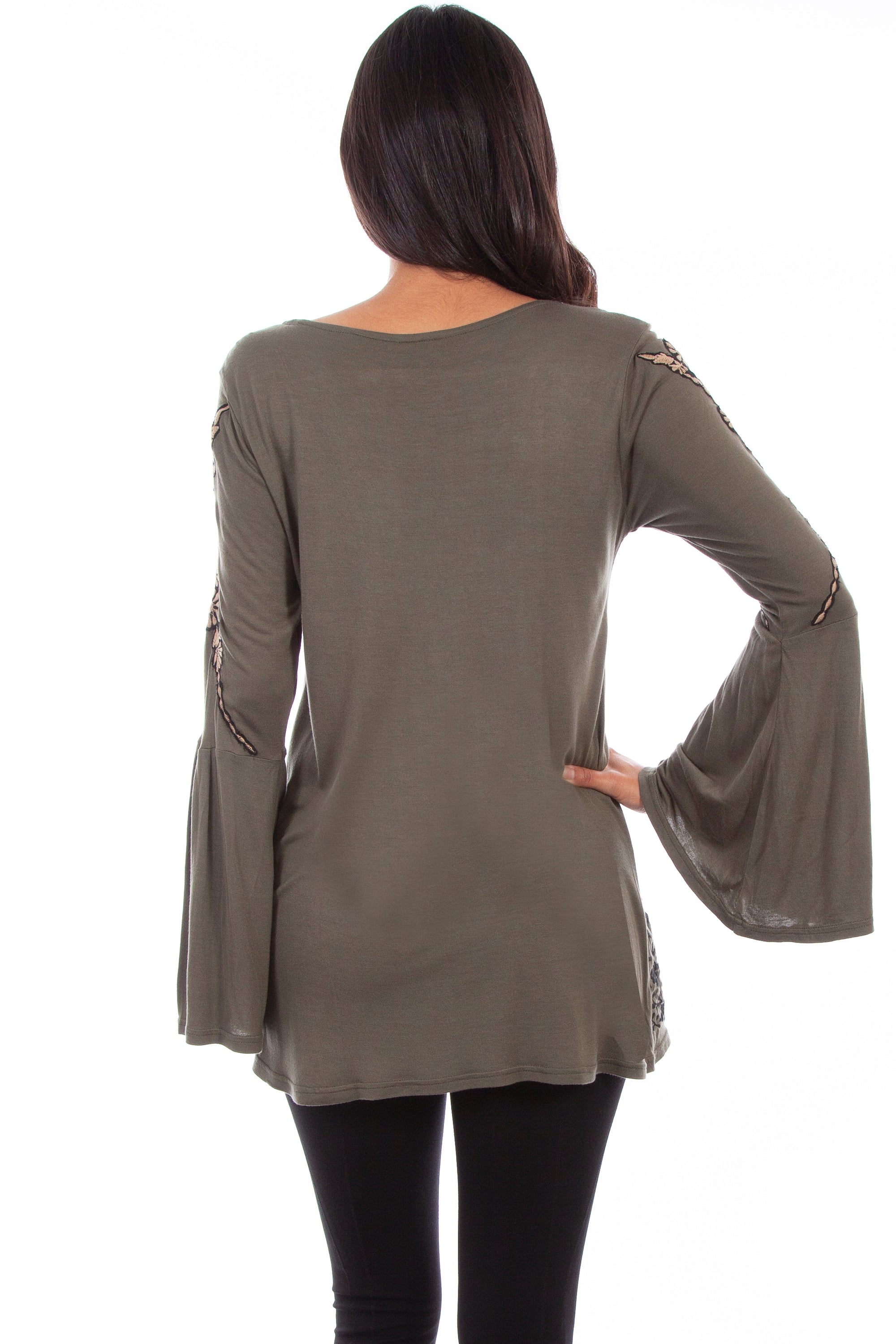 Applique Emb. V-neck Tunic Bell Slv - HC626