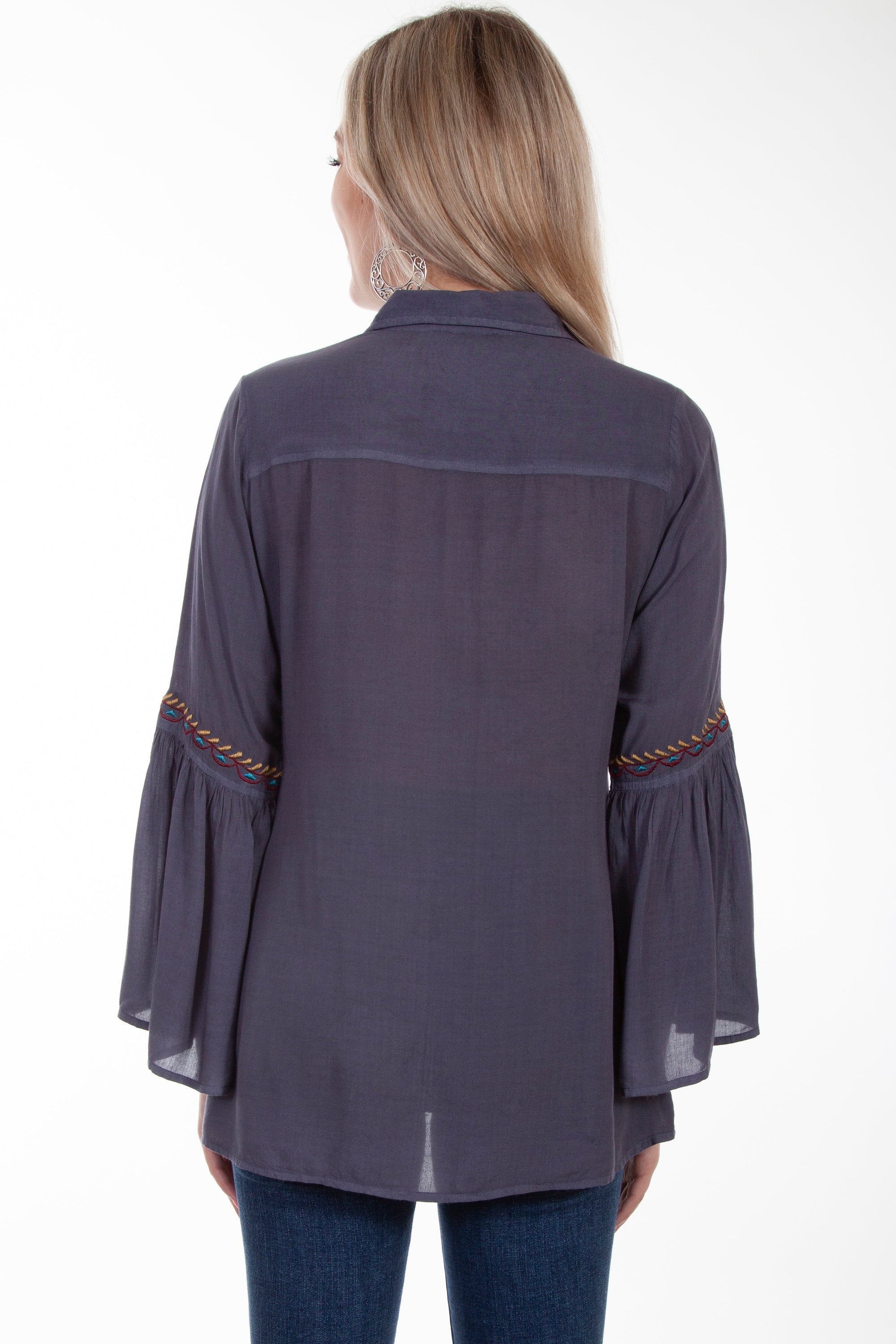 Bell Sleeve Emb Blouse Button Front - HC631