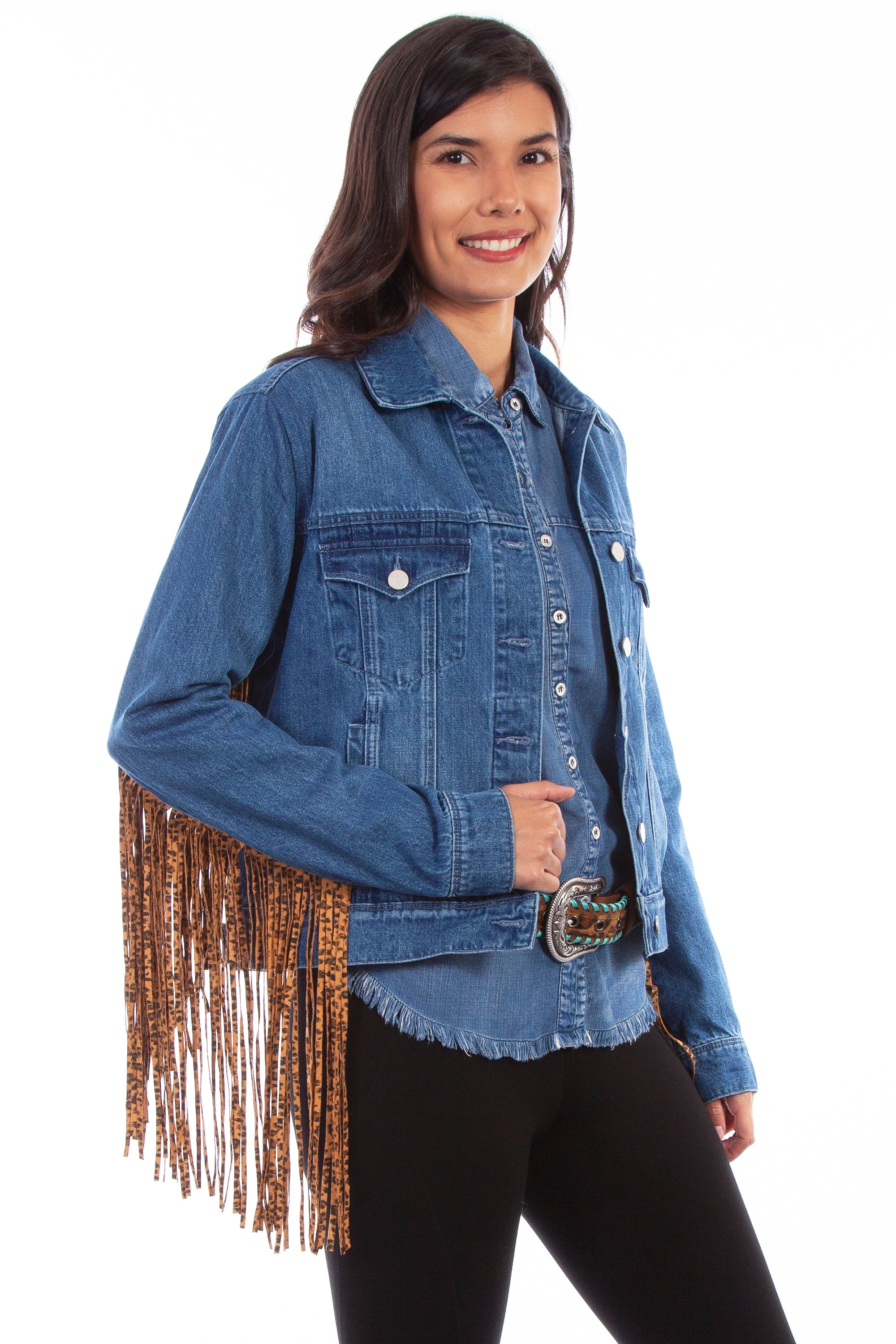 Denim Jacket W/leopard Fringe - HC647