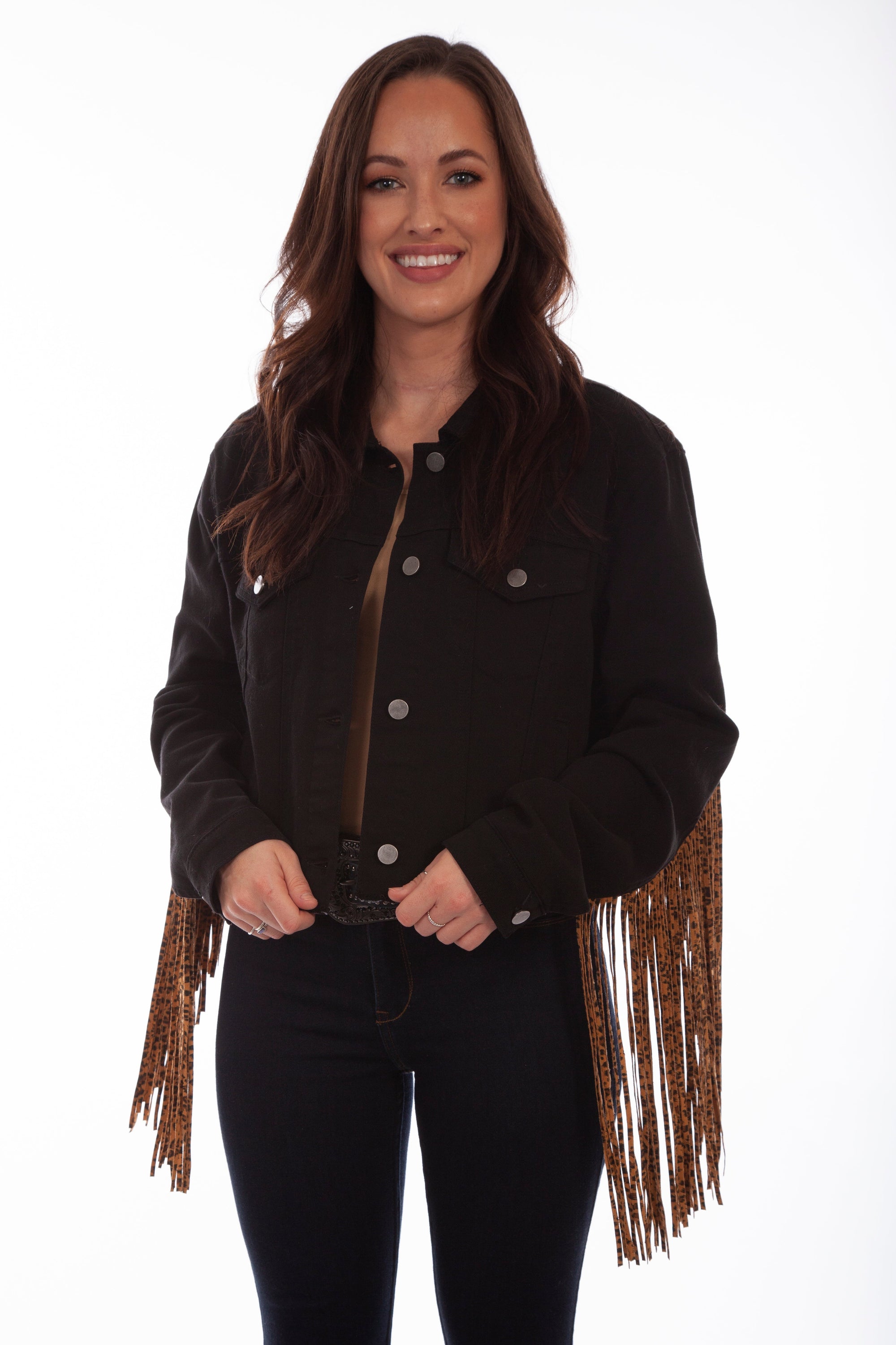 Black Denim Jkt W/leopard Fringe - HC662
