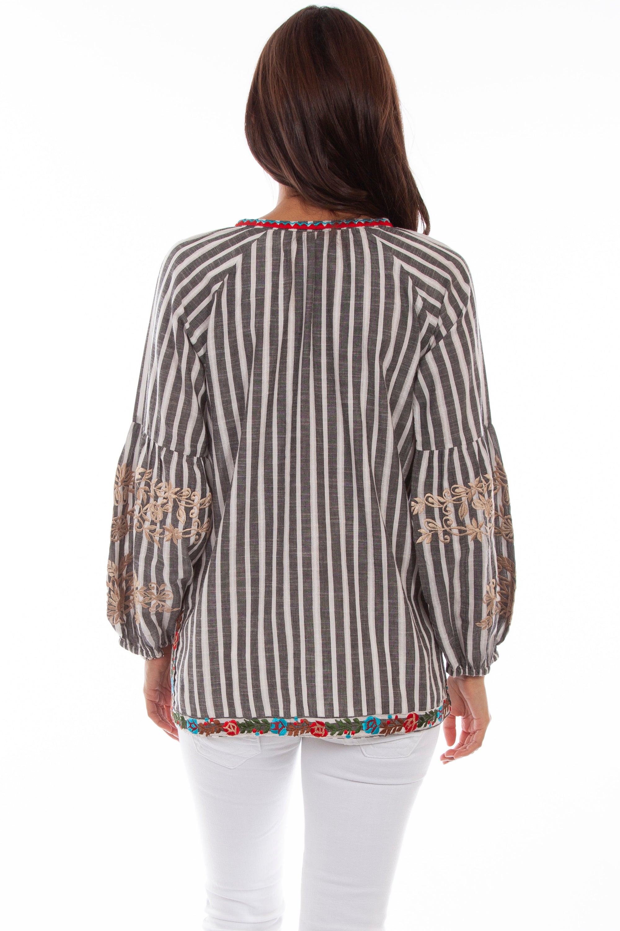 Stripe Blouse W/floral Emb. - HC697