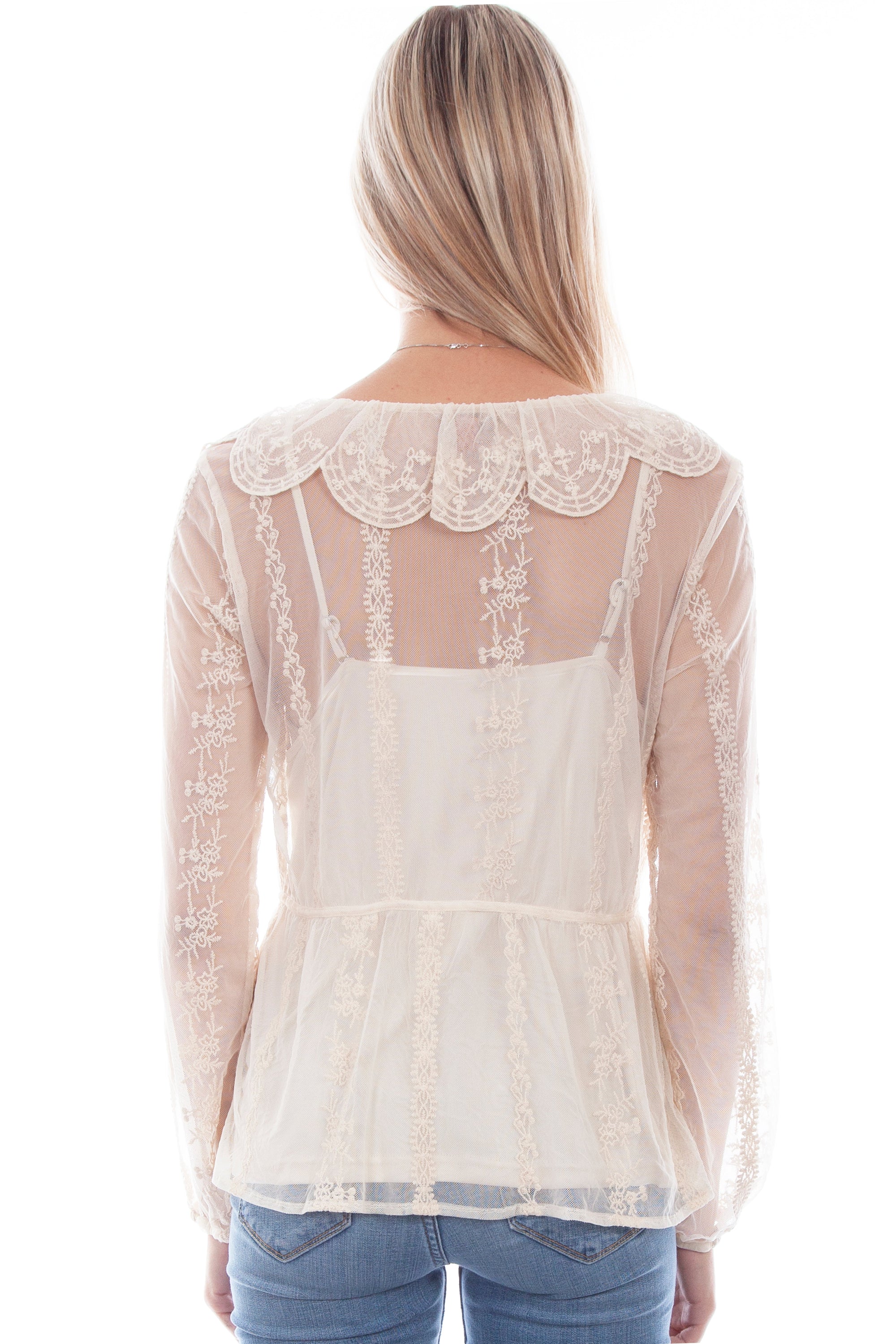 Embroidered Mesh Tie Front Blouse - HC747