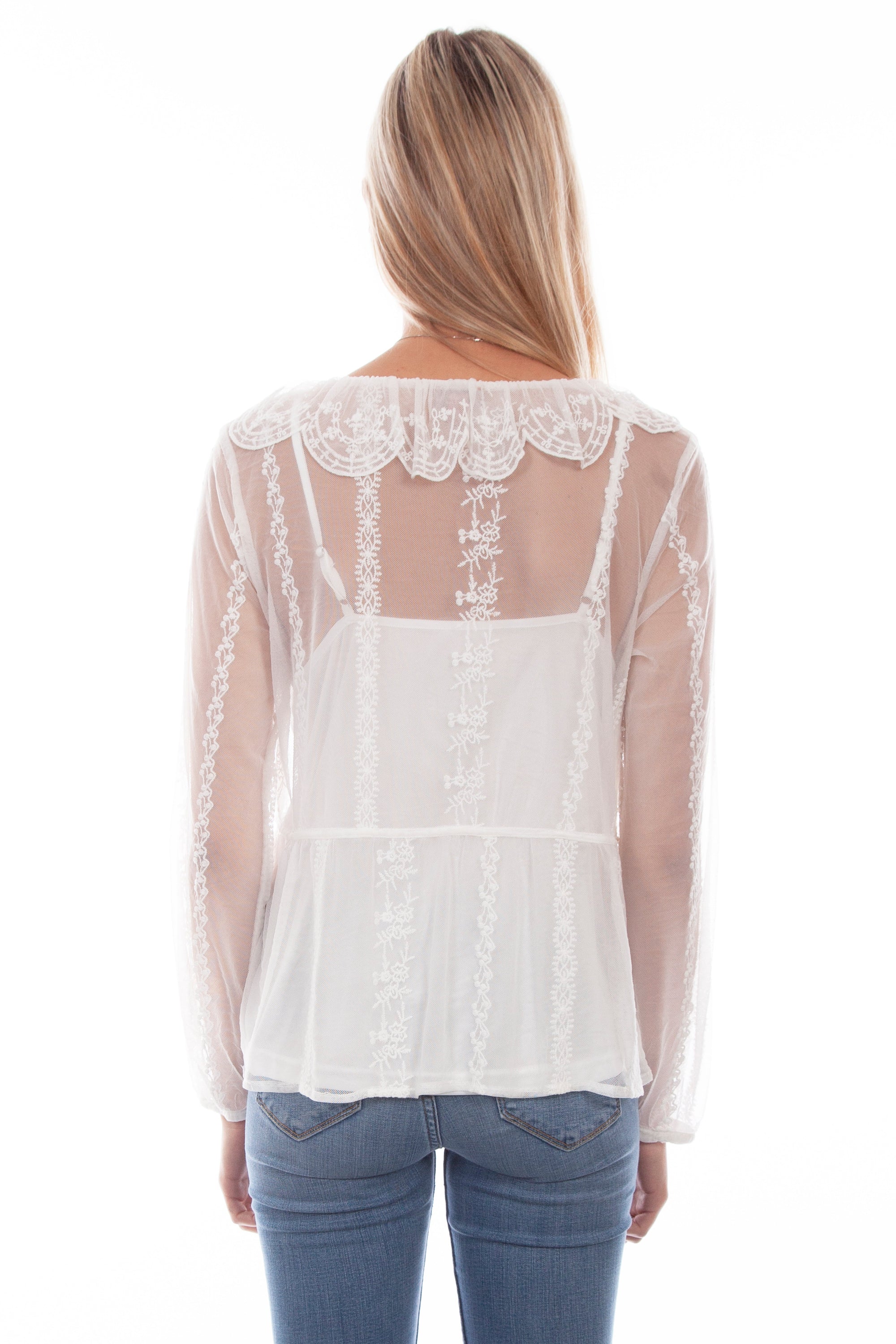Embroidered Mesh Tie Front Blouse - HC747