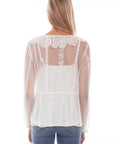 Embroidered Mesh Tie Front Blouse - HC747