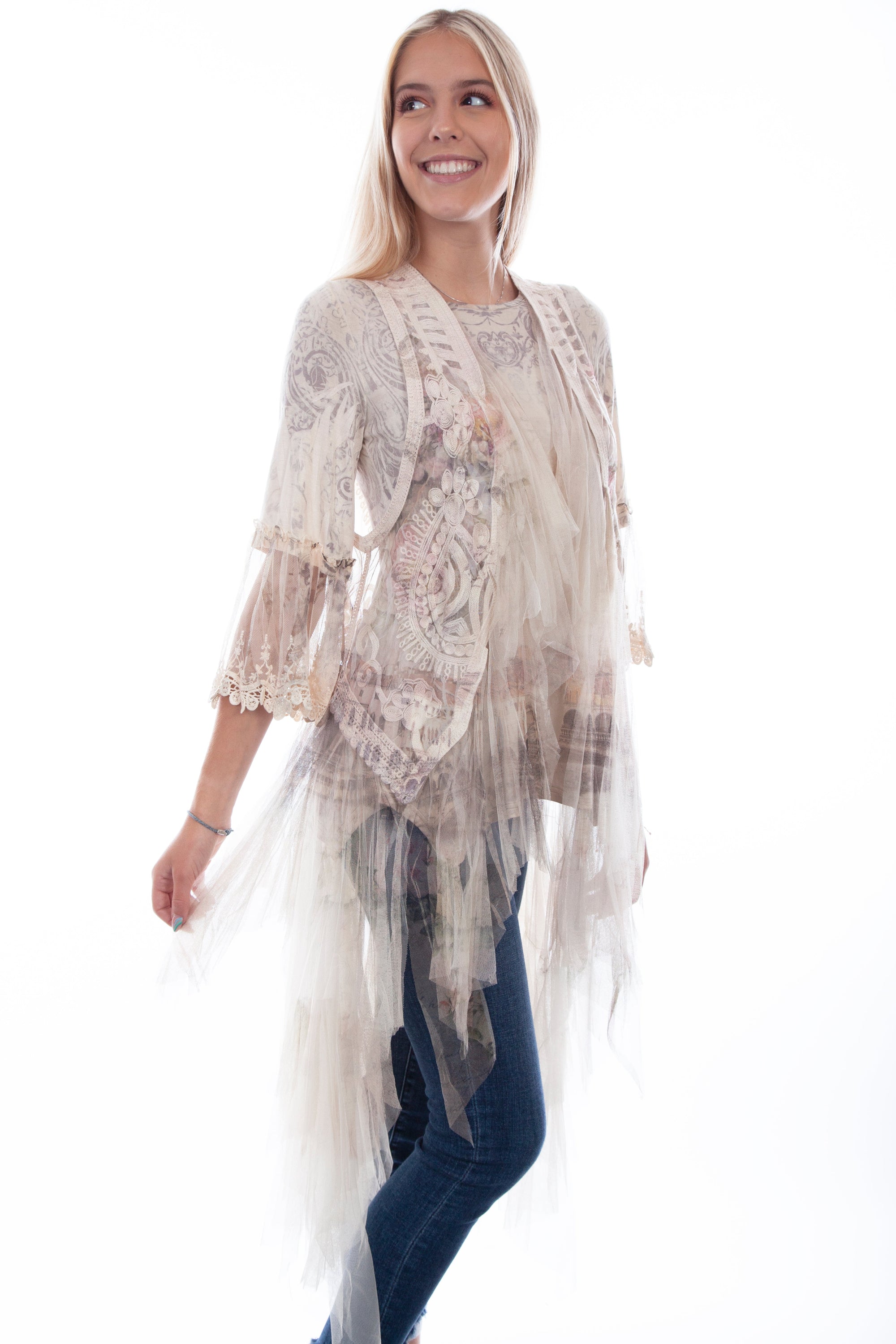 Printed Emb Tulle Layered Duster - HC755