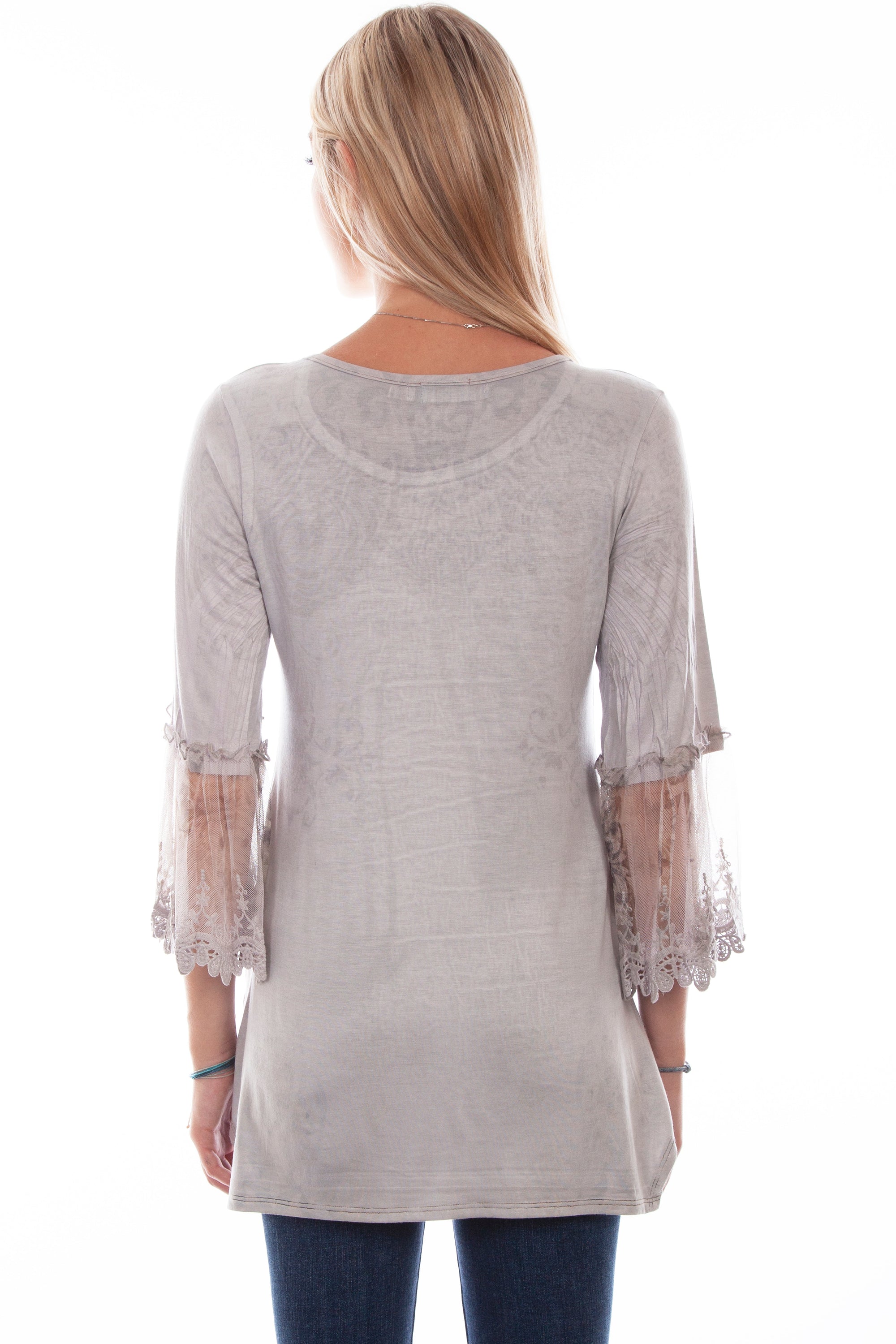 Printed Top W/tulle Crochet Sleeve - HC756
