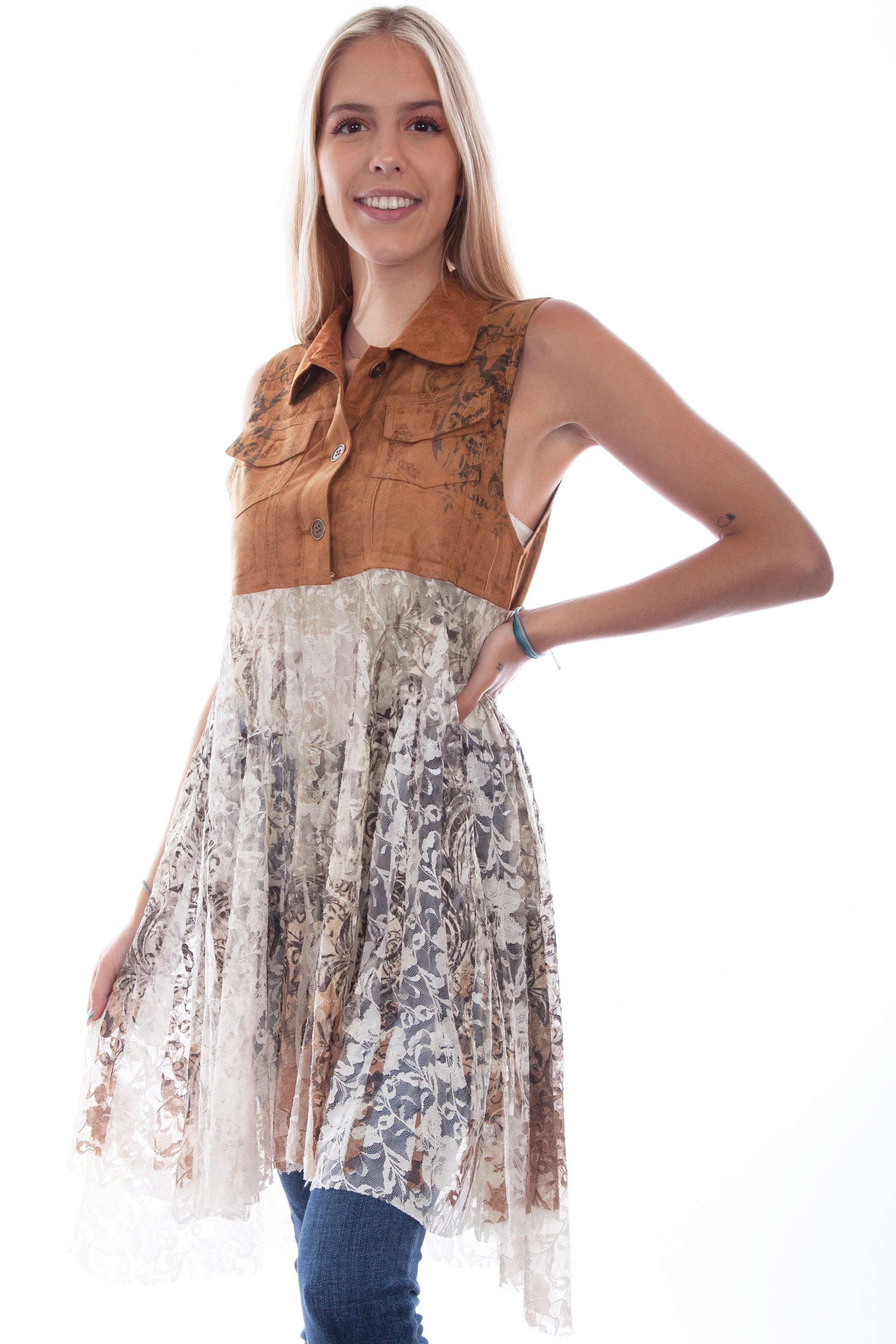 Micro Fiber Vest W/printed Lace - HC759