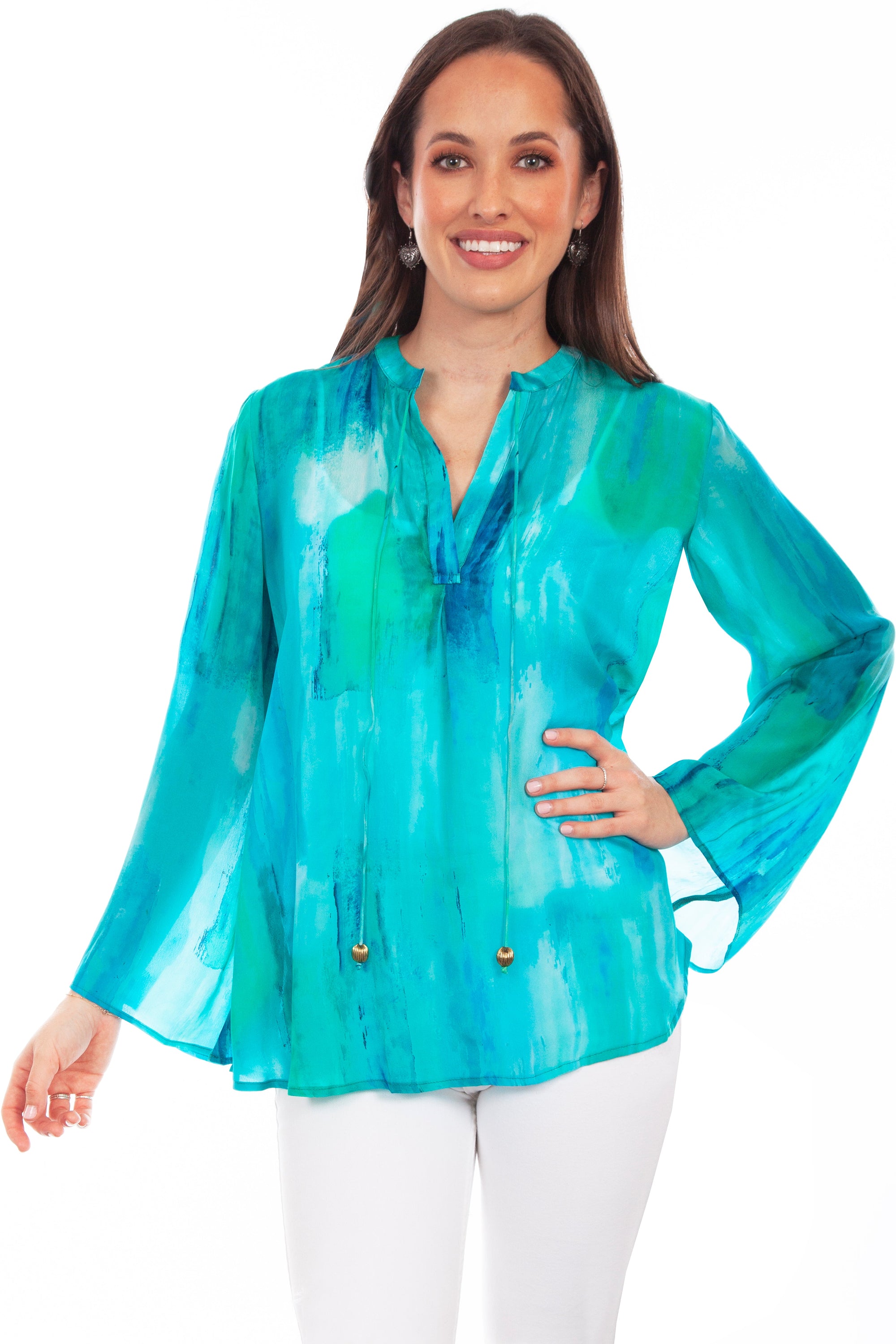 Pullover Tie Front Print Blouse - HC814