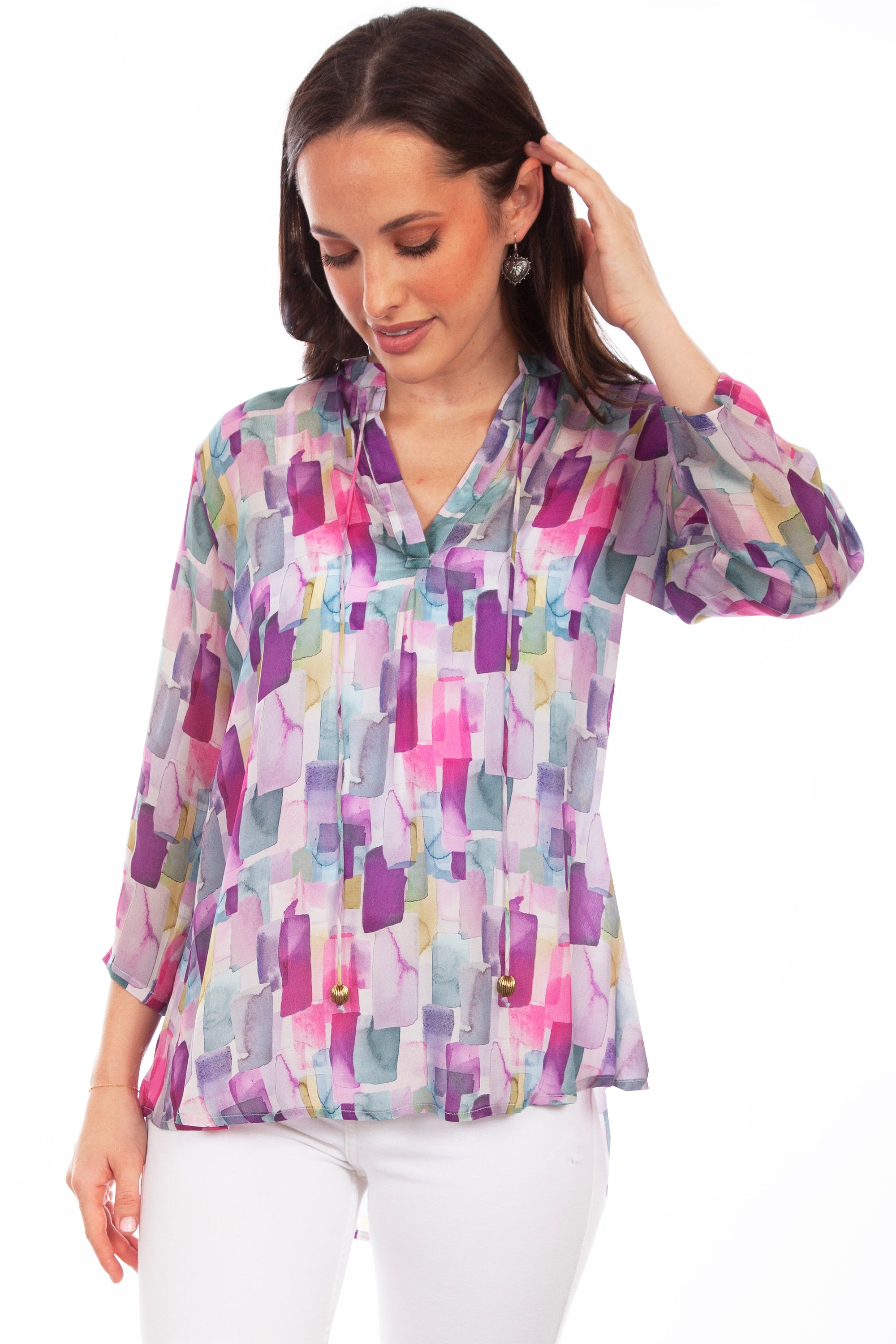Pullover Tie Front Print Blouse - HC815