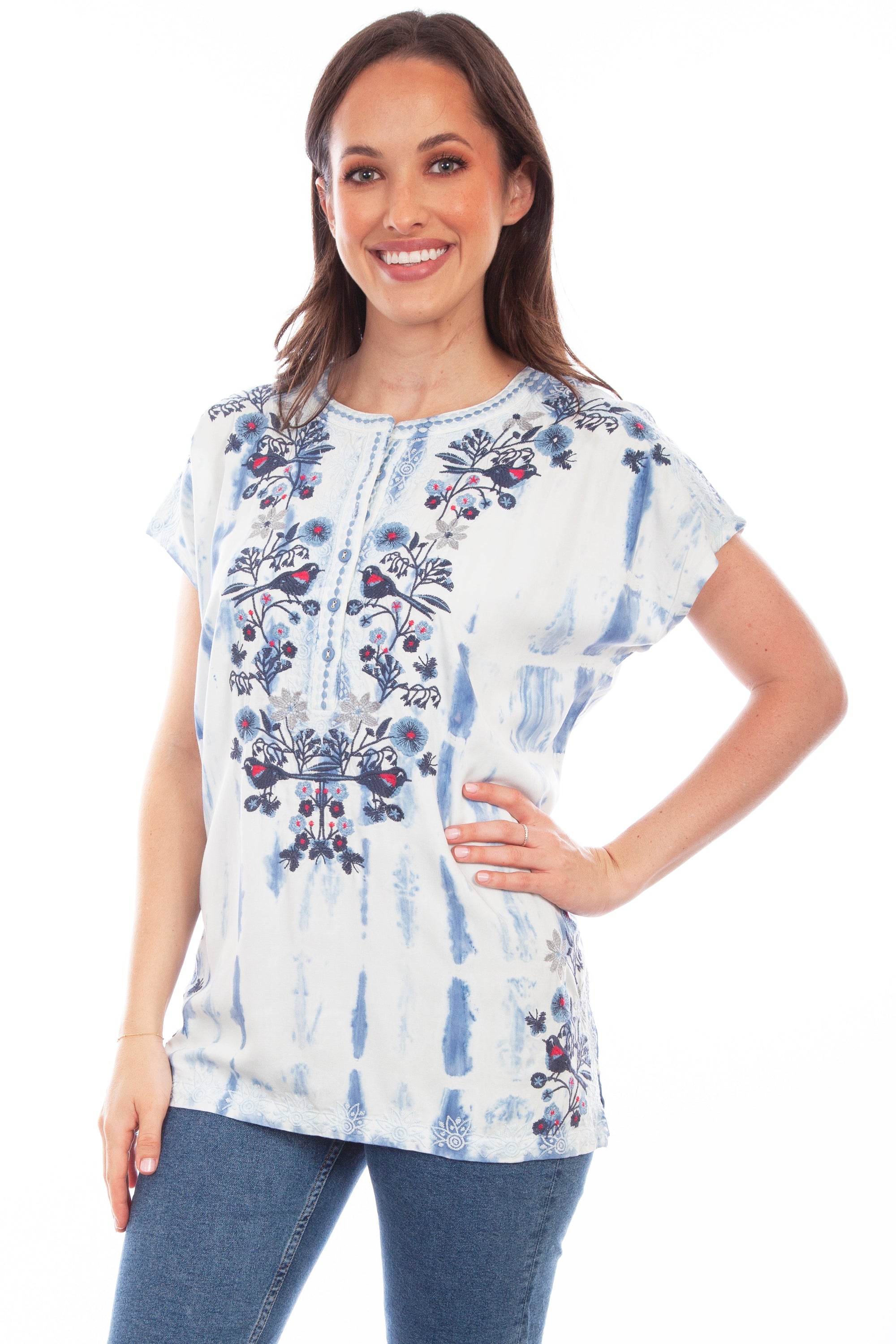 Emb. Birds &amp; Bleach Treatment Blouse - HC820